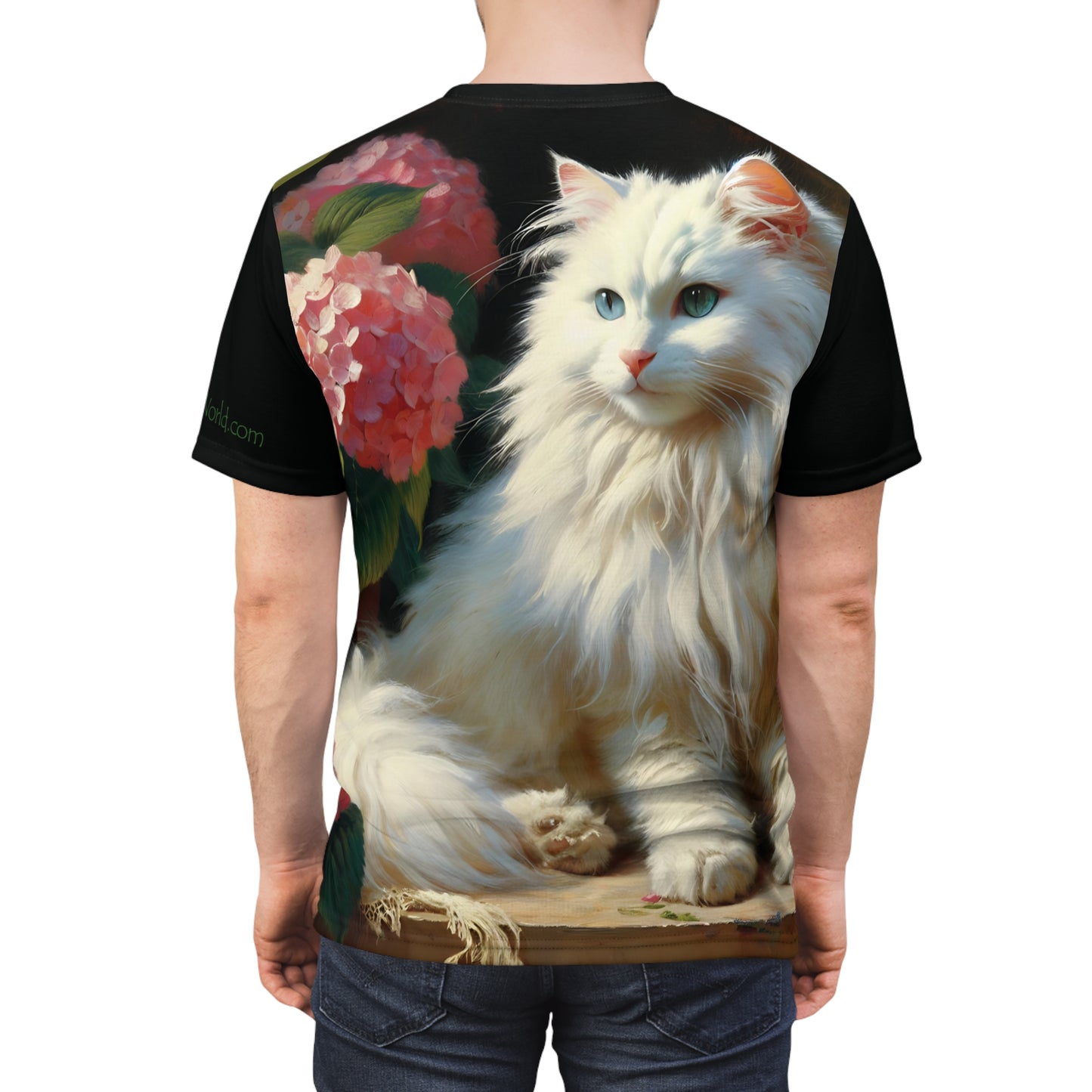 Blue-Eyed White Cat with Pink Hydrangeas Vibrant Art Tee | Colorful Unisex Cut & Sew T-Shirt, Wildlife Apparel, Unique Graphic Tee, Birthday Gift