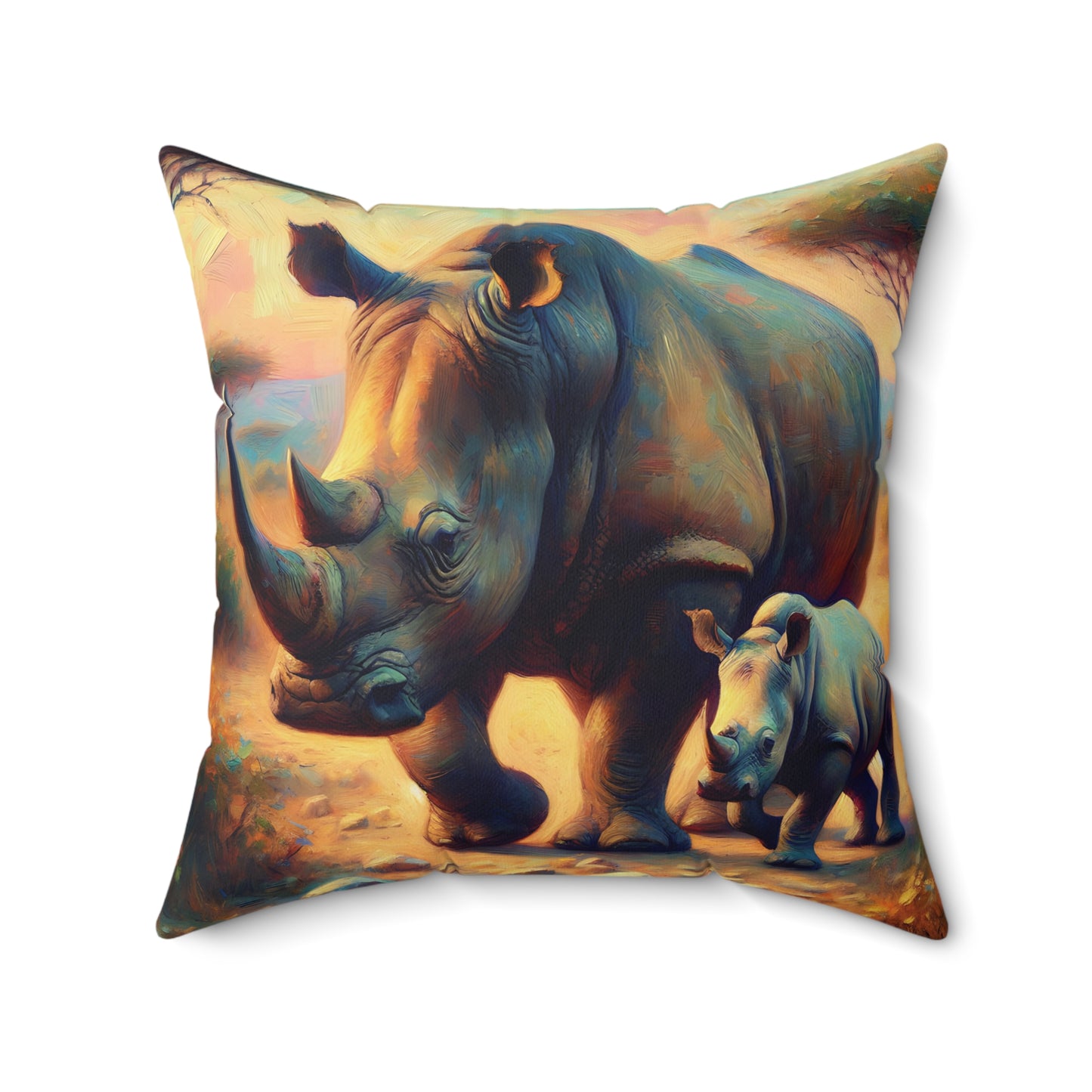 Decorative pillow with a painting of a rhinoceros and calf on a sunset background