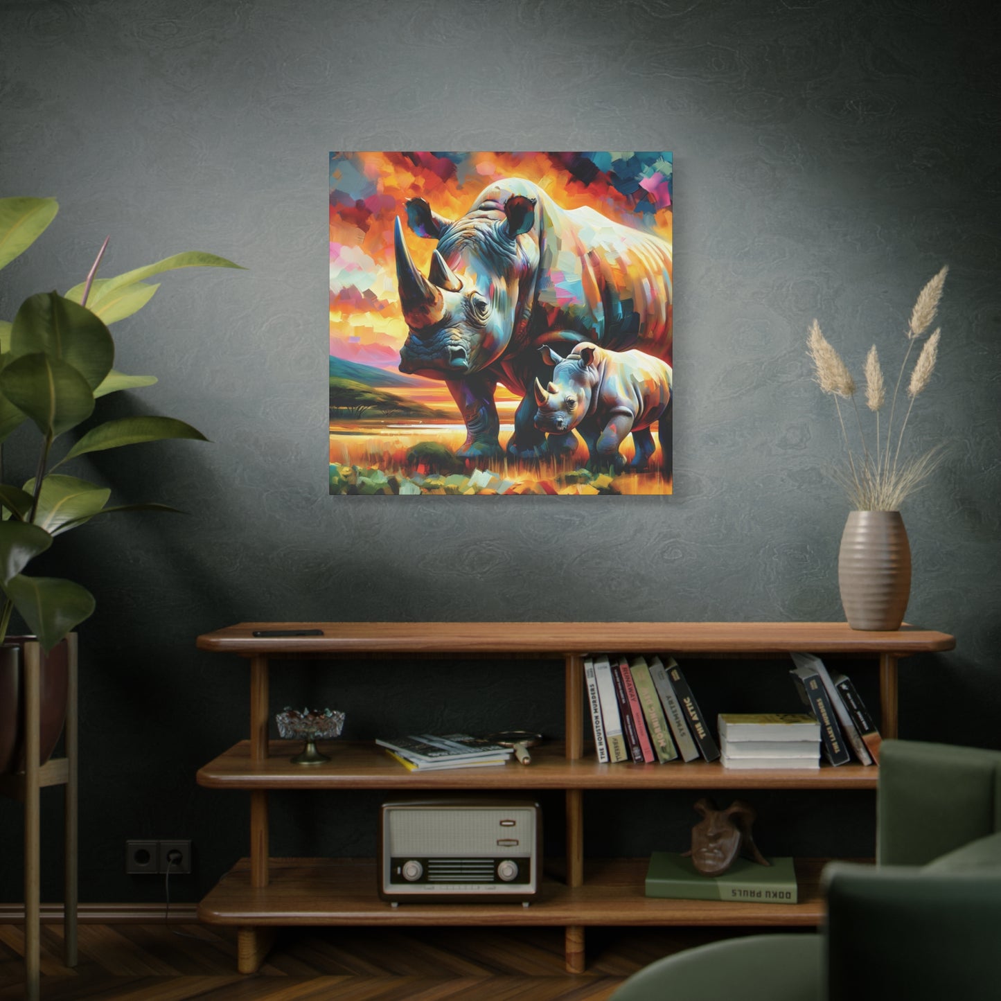Rhinos at Sunset Expressionist Canvas Art Print