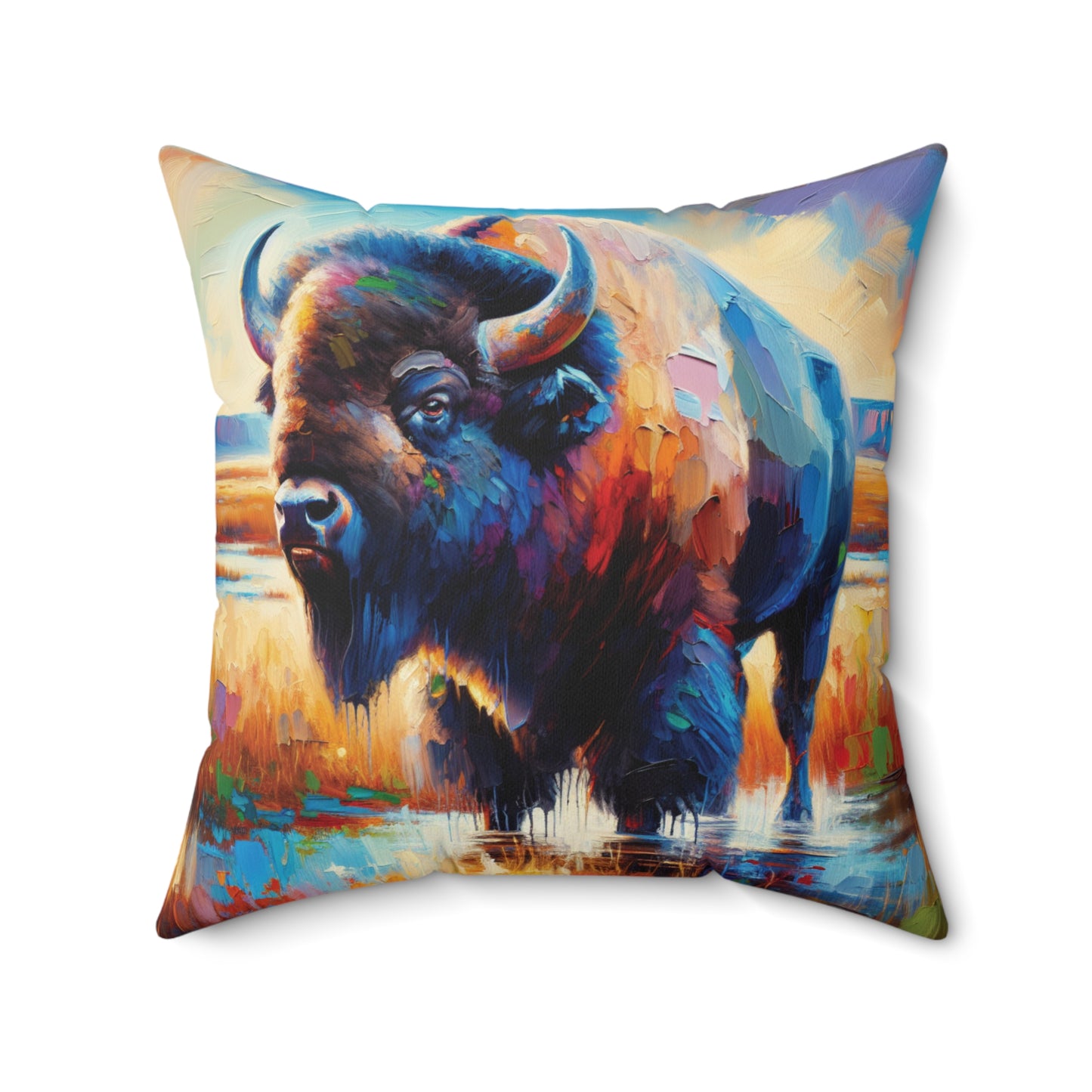 Lone Bison After Rain -  Square Throw Pillows