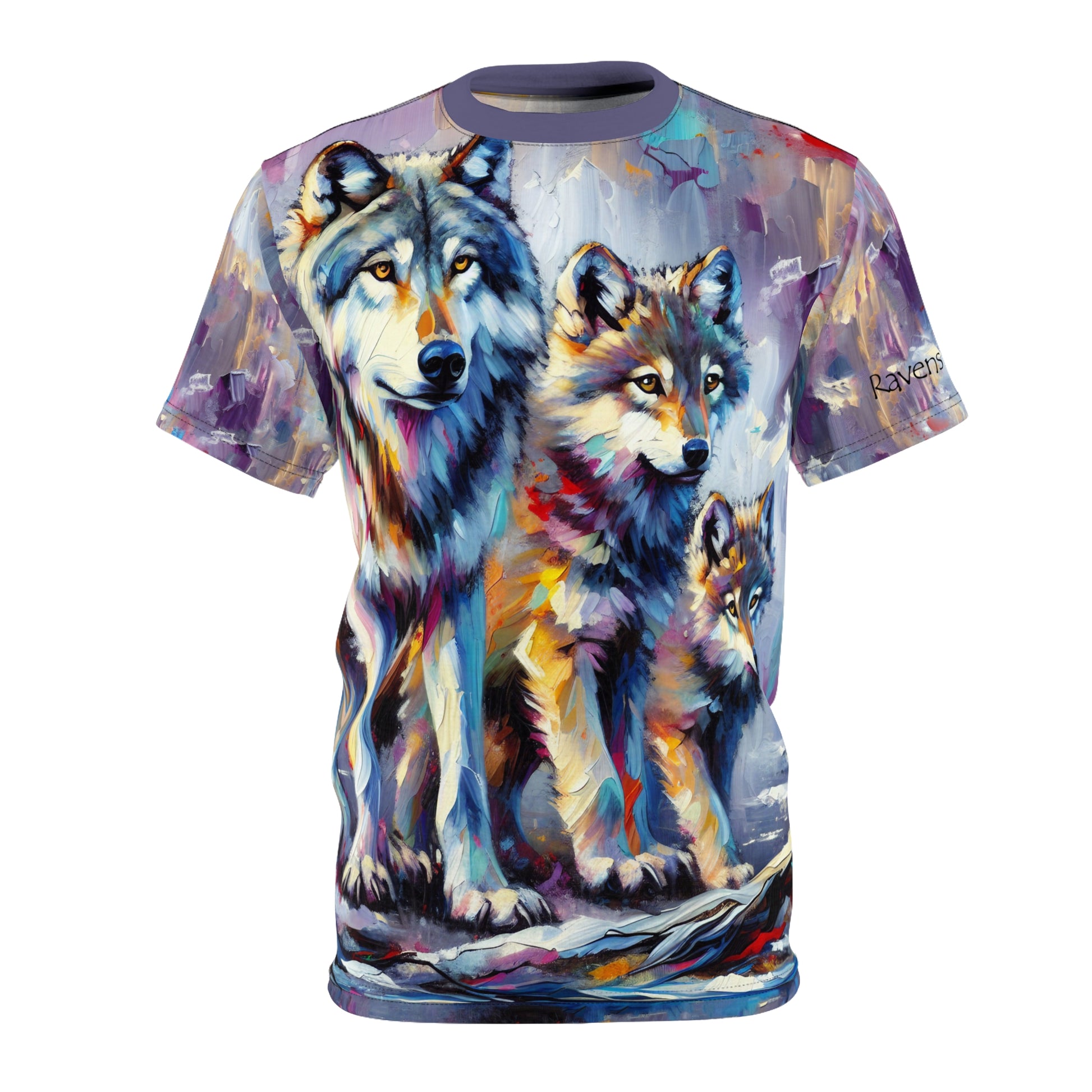 T-shirt with a colorful wolf design on a white background