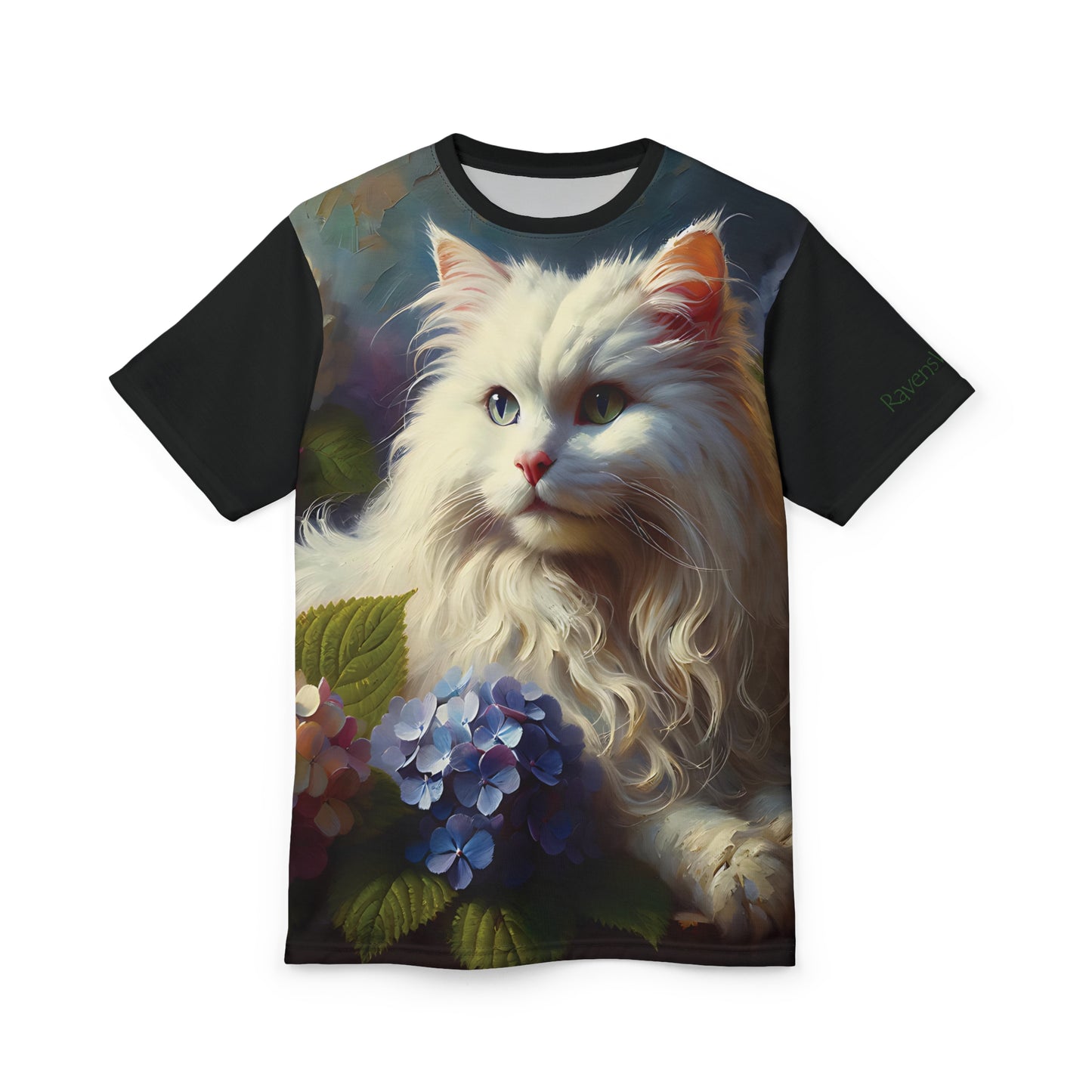 Young White Cat with Hydrangeas Vibrant Art Tee | Colorful Unisex Cut & Sew T-Shirt, Cat Lover Apparel, Unique Graphic Tee, Birthday Gift