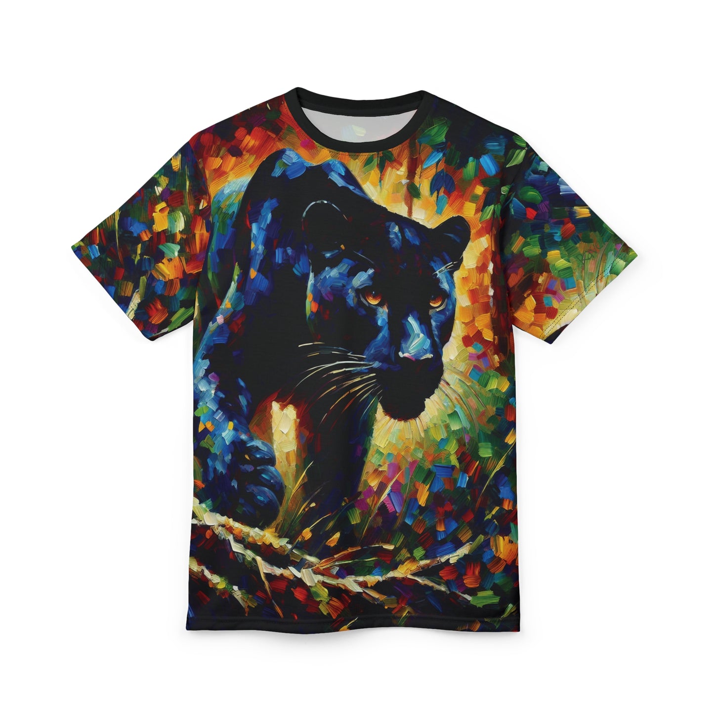 Stalking Black Panther in Jungle Vibrant Art Tee | Colorful Unisex Cut & Sew T-Shirt, Wildlife Apparel, Unique Graphic Tee, Birthday Gift