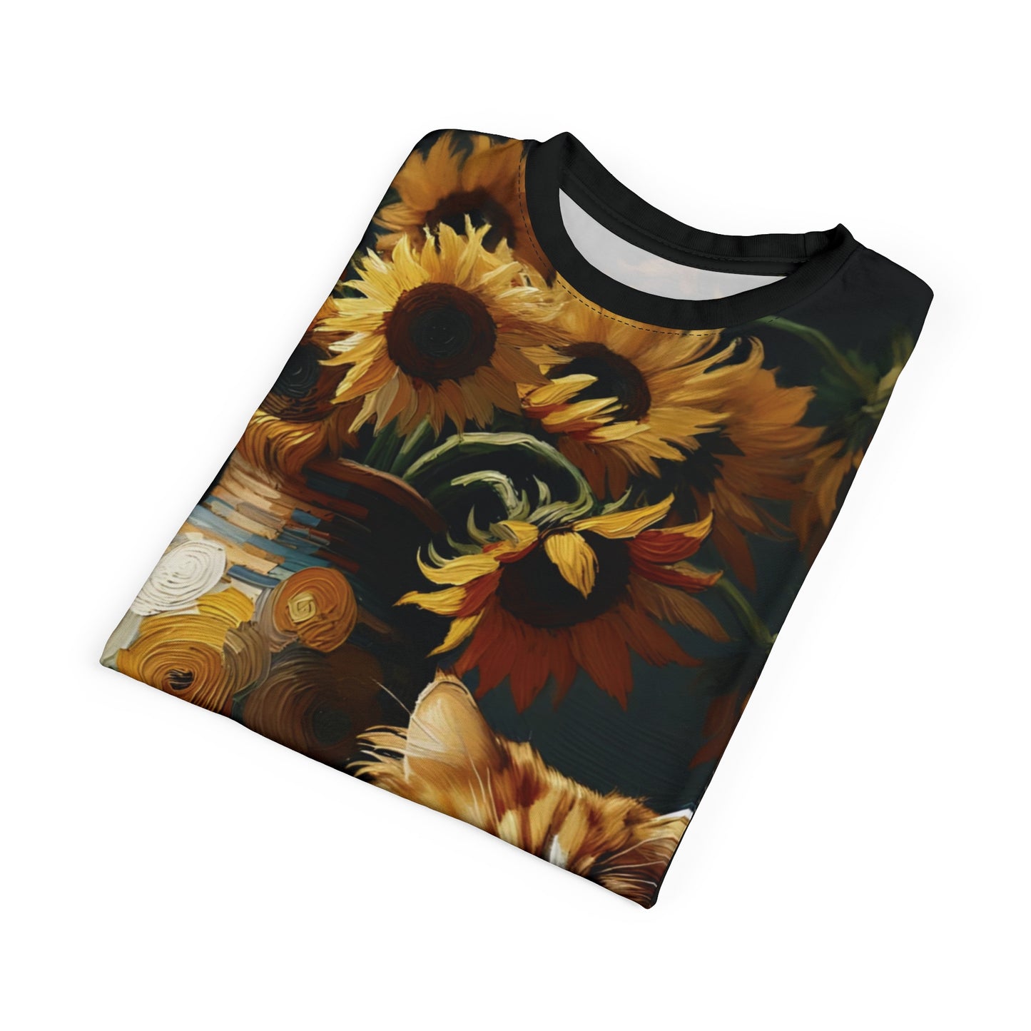 Orange and White Cat with Sunflowers Vibrant Art Tee | Colorful Unisex Cut & Sew T-Shirt, Cat Lover Apparel, Unique Graphic Tee, Birthday Gift