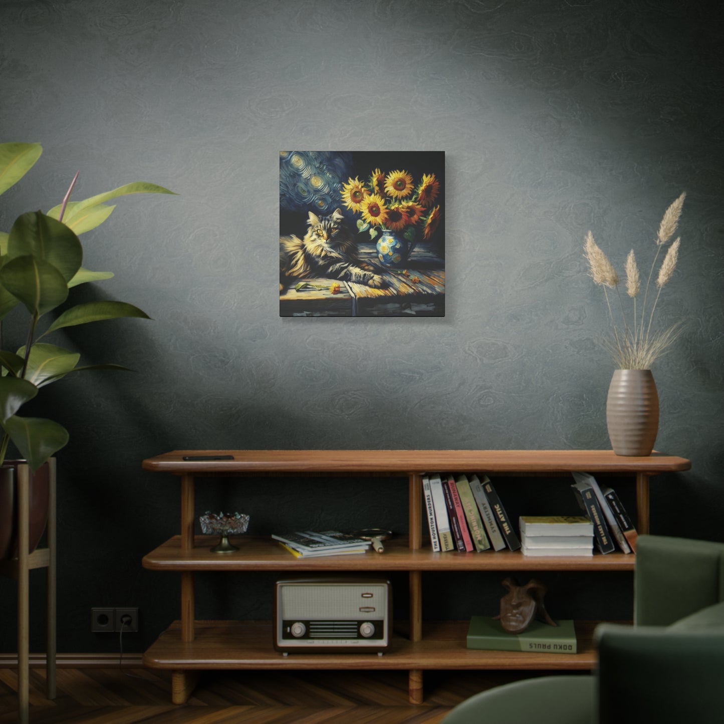 Canvas Wall Art - Grey Tabby Cat with Sunflowers - Old Master Style Art