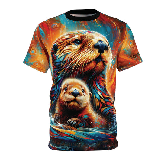 T-shirt with a colorful design of two sea otters on a all over printed shirt