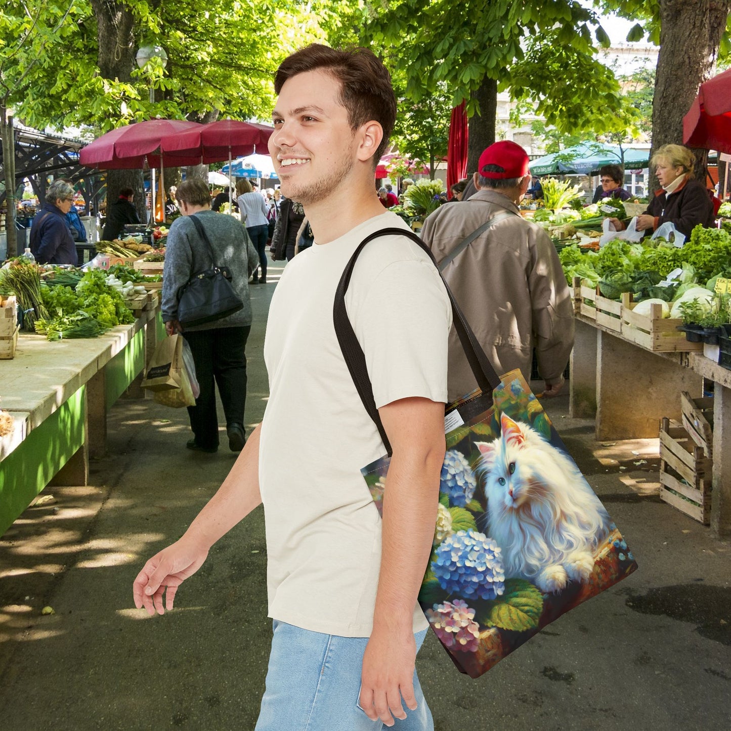 Cat Tote Bag - Impressionist Style Art featuring The Artist's White Cat with Hydrangeas
