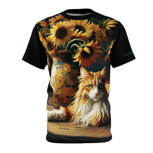 Orange and White Cat with Sunflowers Vibrant Art Tee | Colorful Unisex Cut & Sew T-Shirt, Cat Lover Apparel, Unique Graphic Tee, Birthday Gift