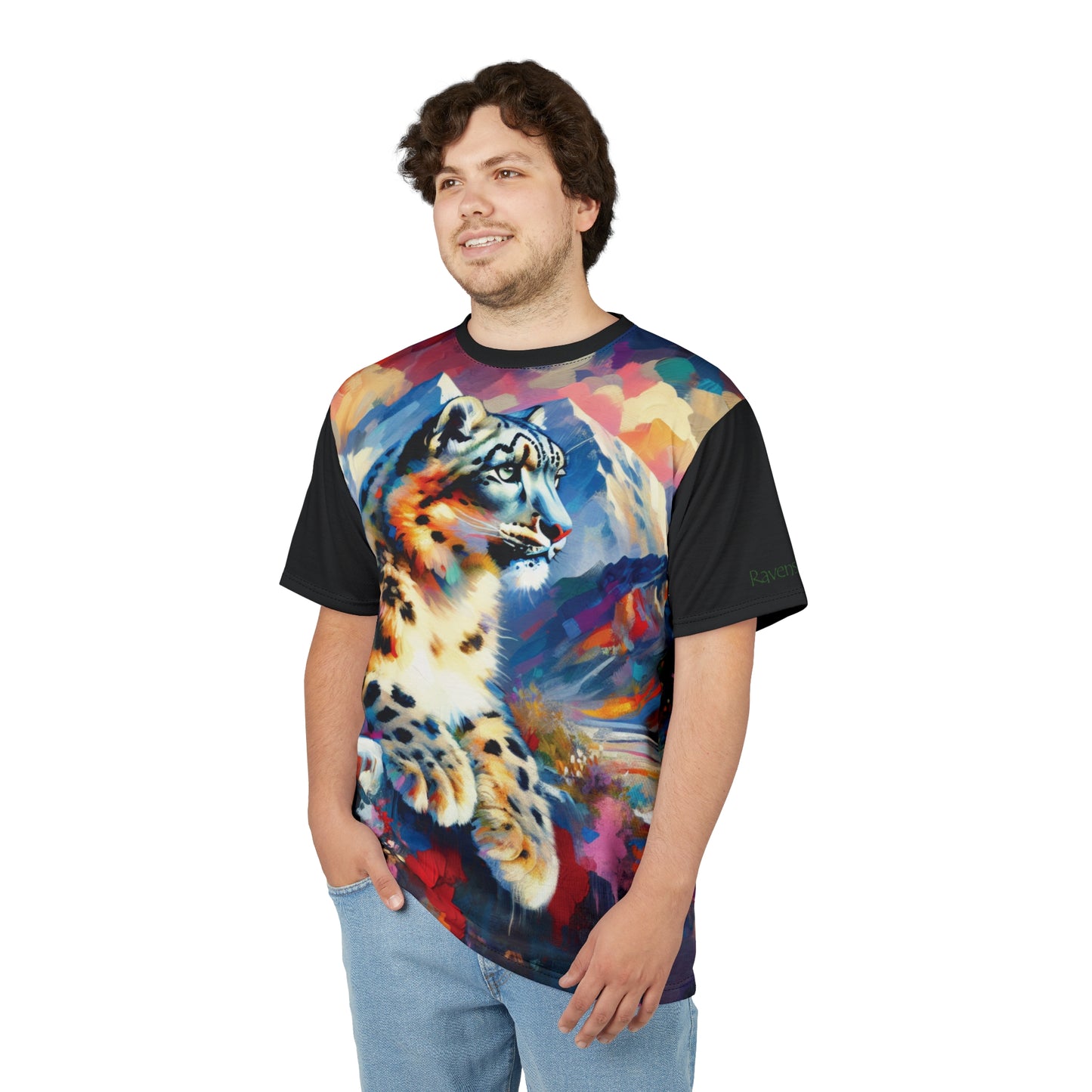 Himalayan Snow Leopard Vibrant Art Tee | Colorful Unisex Cut & Sew T-Shirt, Wildlife Apparel, Unique Graphic Tee, Birthday Gift