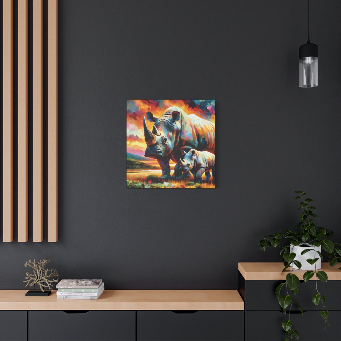 Rhinos at Sunset Expressionist Canvas Art Print