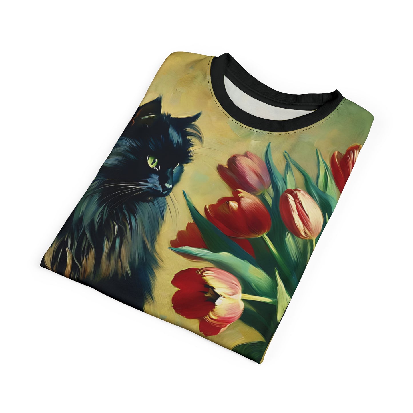 The Artist's Black Cat with Red Tulips Vibrant Art Tee | Colorful Unisex Cut & Sew T-Shirt, Wildlife Apparel, Unique Graphic Tee, Birthday Gift