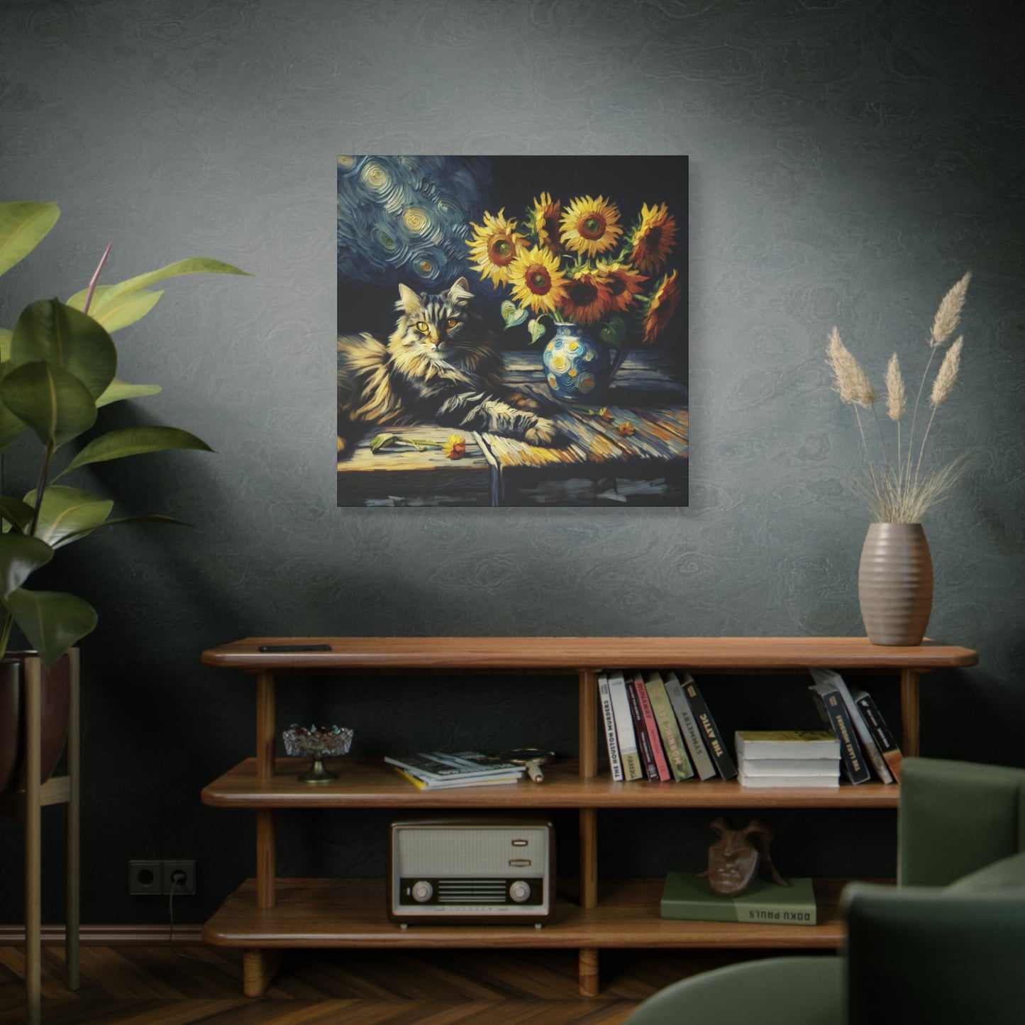 Canvas Wall Art - Grey Tabby Cat with Sunflowers - Old Master Style Art