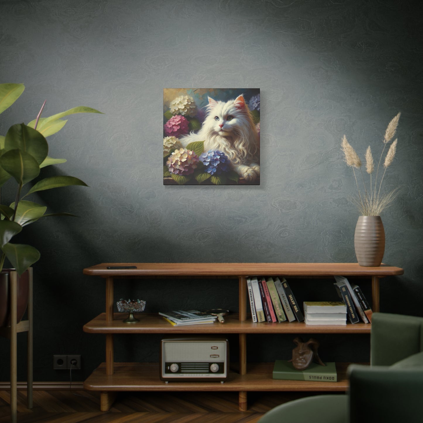 The Artist's White Cat with Hydrangeas, Impressionist Style Canvas Wall Art