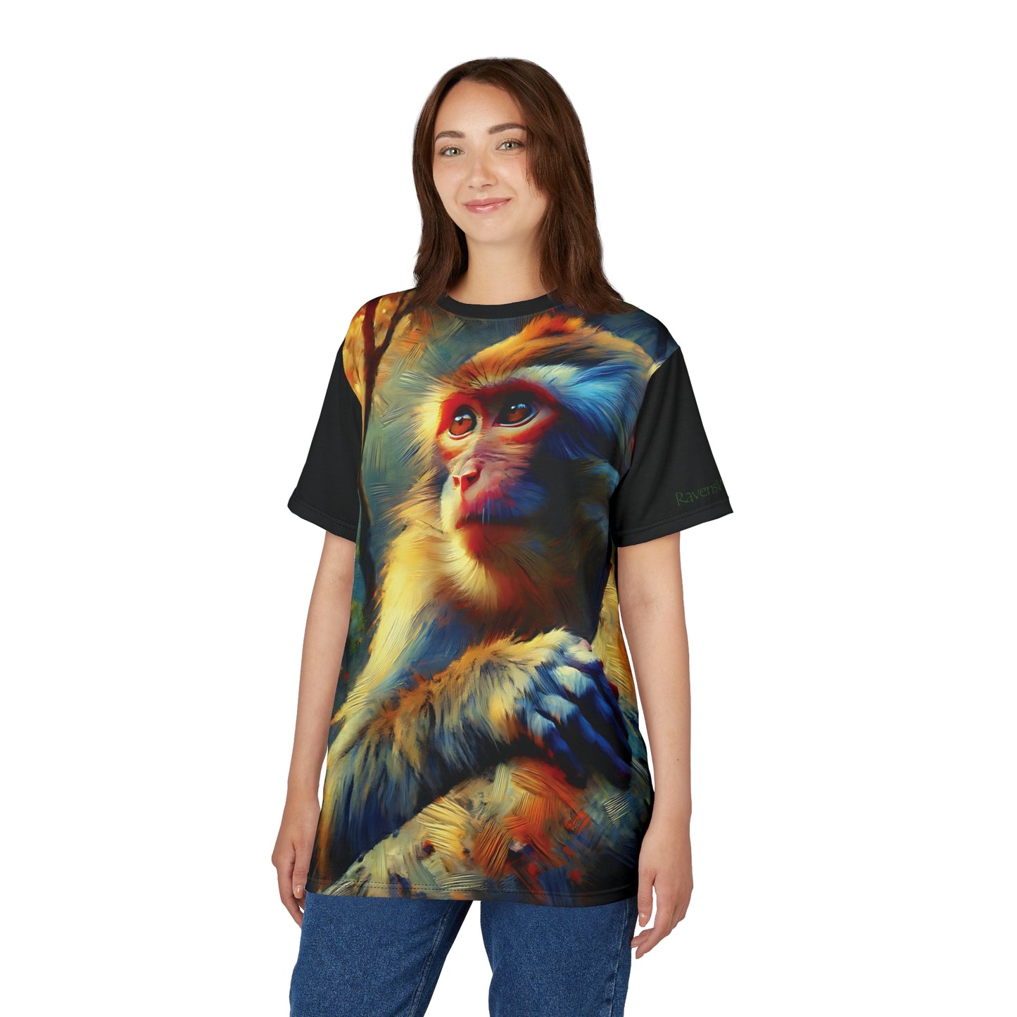 Monkey Vibrant Art Tee | Rhesus Macaque Colorful Unisex Cut & Sew T-Shirt, Wildlife Apparel, Unique Graphic Tee
