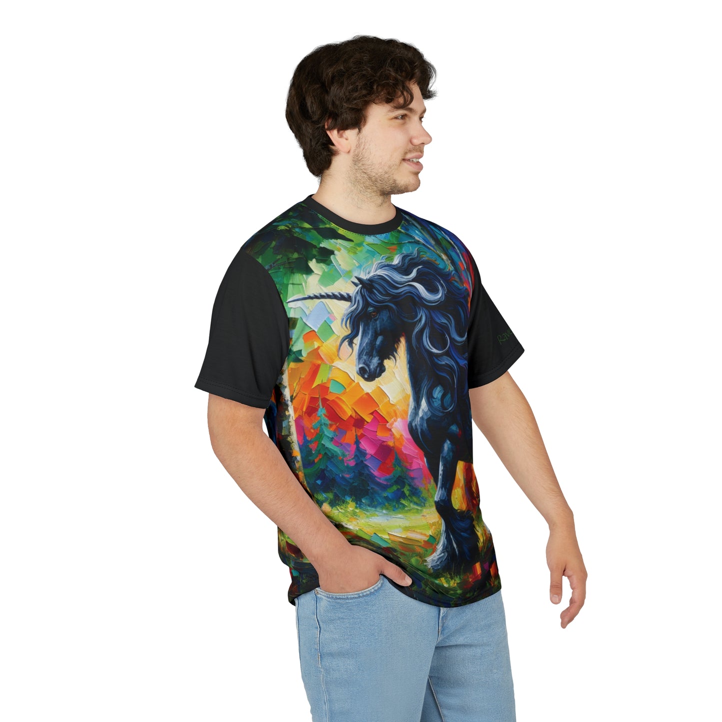 Elegant Black Stallion Unicorn Art Tee | Colorful Unisex Cut & Sew T-Shirt, Wildlife Apparel, Unique Graphic Tee