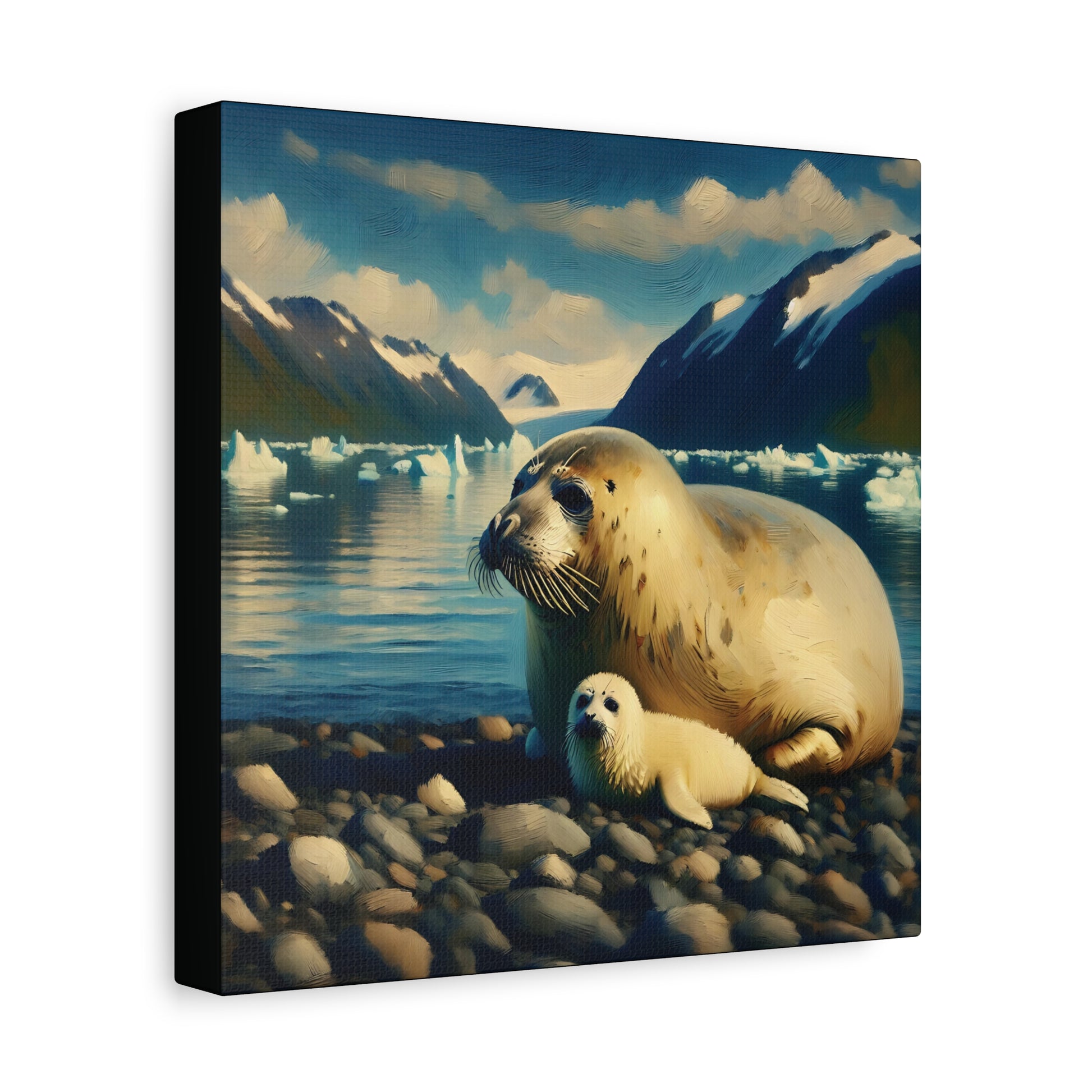 Canvas print of a seal and its cub on a rocky shore with mountains and icebergs in the background.