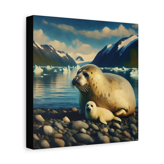 Canvas print of a seal and its cub on a rocky shore with mountains and icebergs in the background.