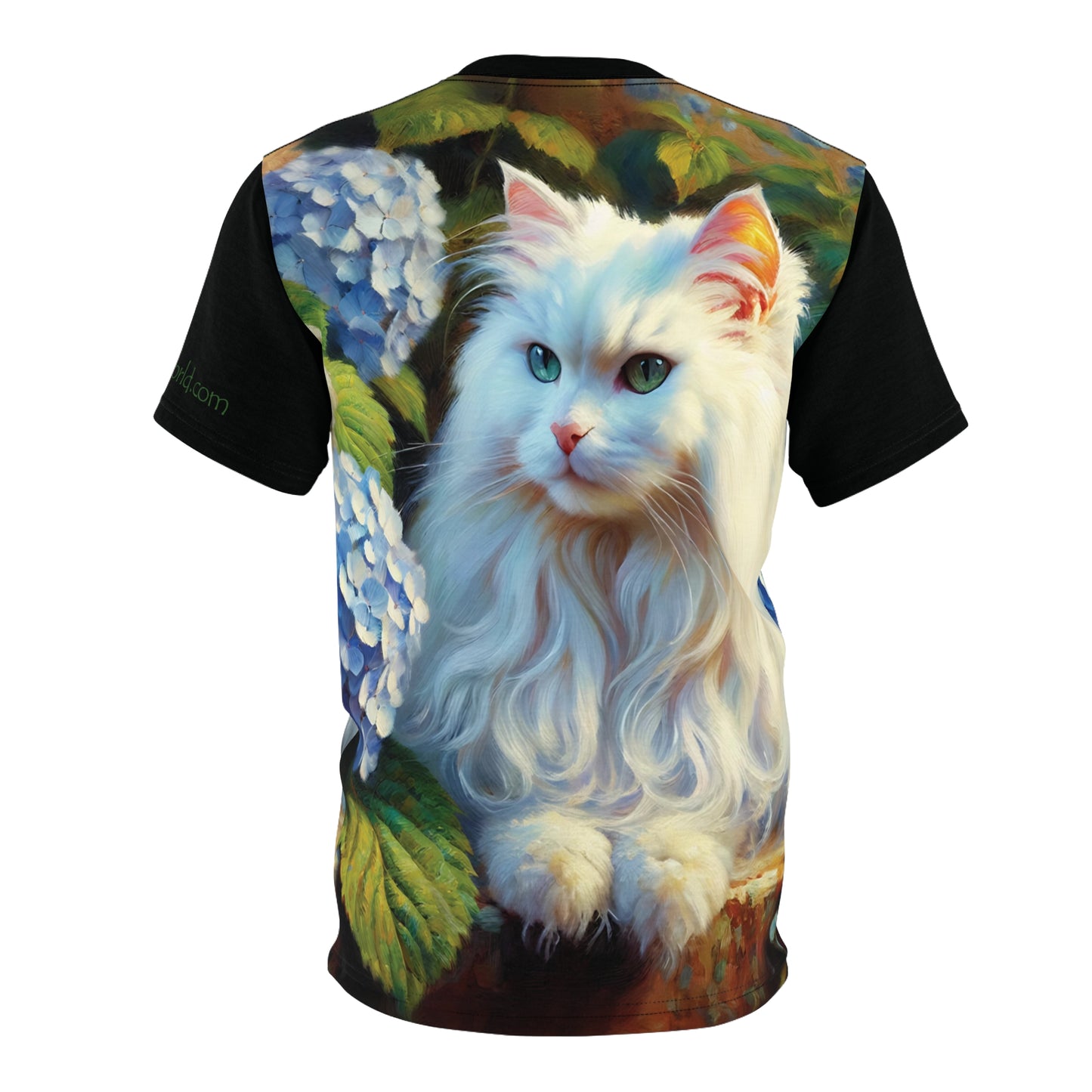 White Cat with Hydrangeas Vibrant Art Tee | Colorful Unisex Cut & Sew T-Shirt, Cat Lover Apparel, Unique Graphic Tee, Birthday Gift