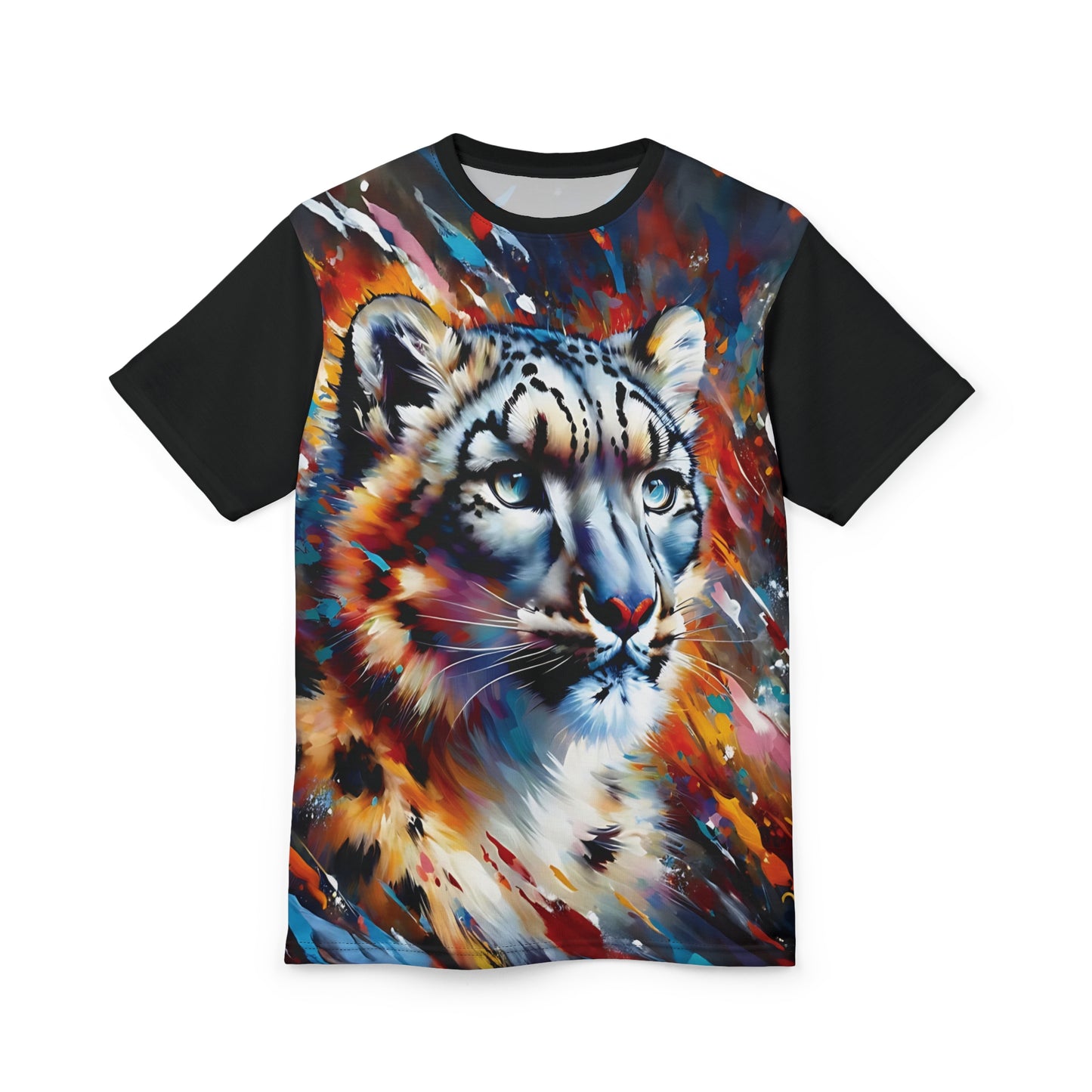 Colorful Snow Leopard Vibrant Art Tee | Colorful Unisex Cut & Sew T-Shirt, Wildlife Apparel, Unique Graphic Tee, Birthday Gift