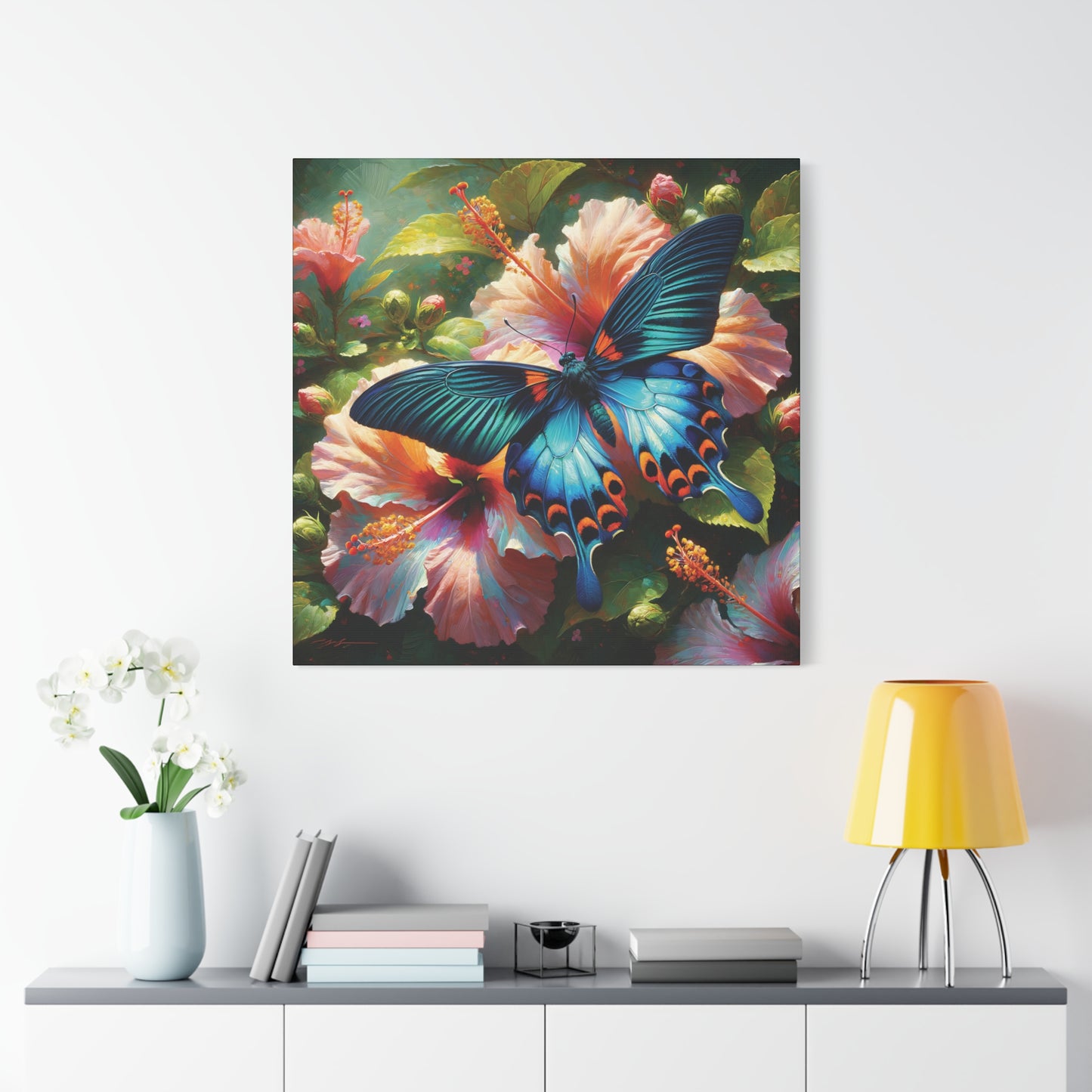 Butterfly Canvas Wall Art - Blue Butterfly with Hibiscus, Impressionist Art Style