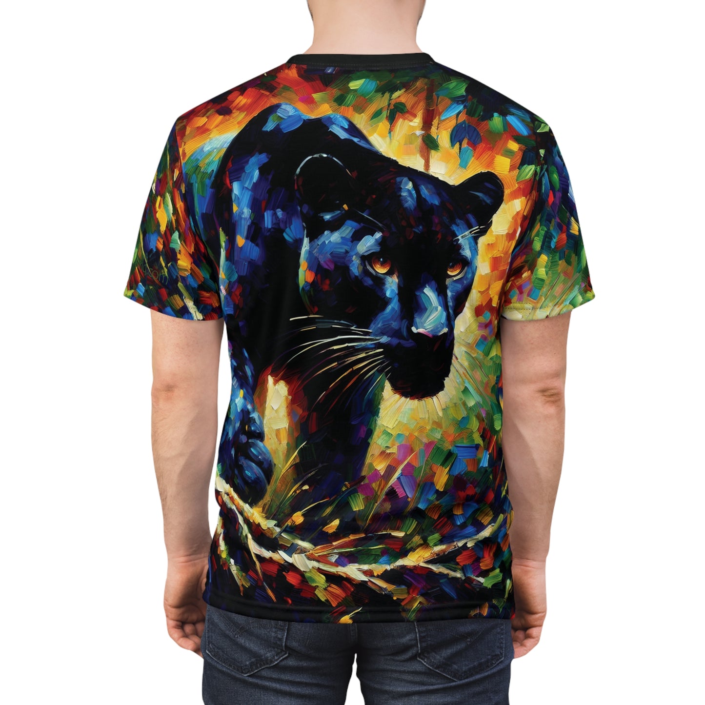 Stalking Black Panther in Jungle Vibrant Art Tee | Colorful Unisex Cut & Sew T-Shirt, Wildlife Apparel, Unique Graphic Tee, Birthday Gift