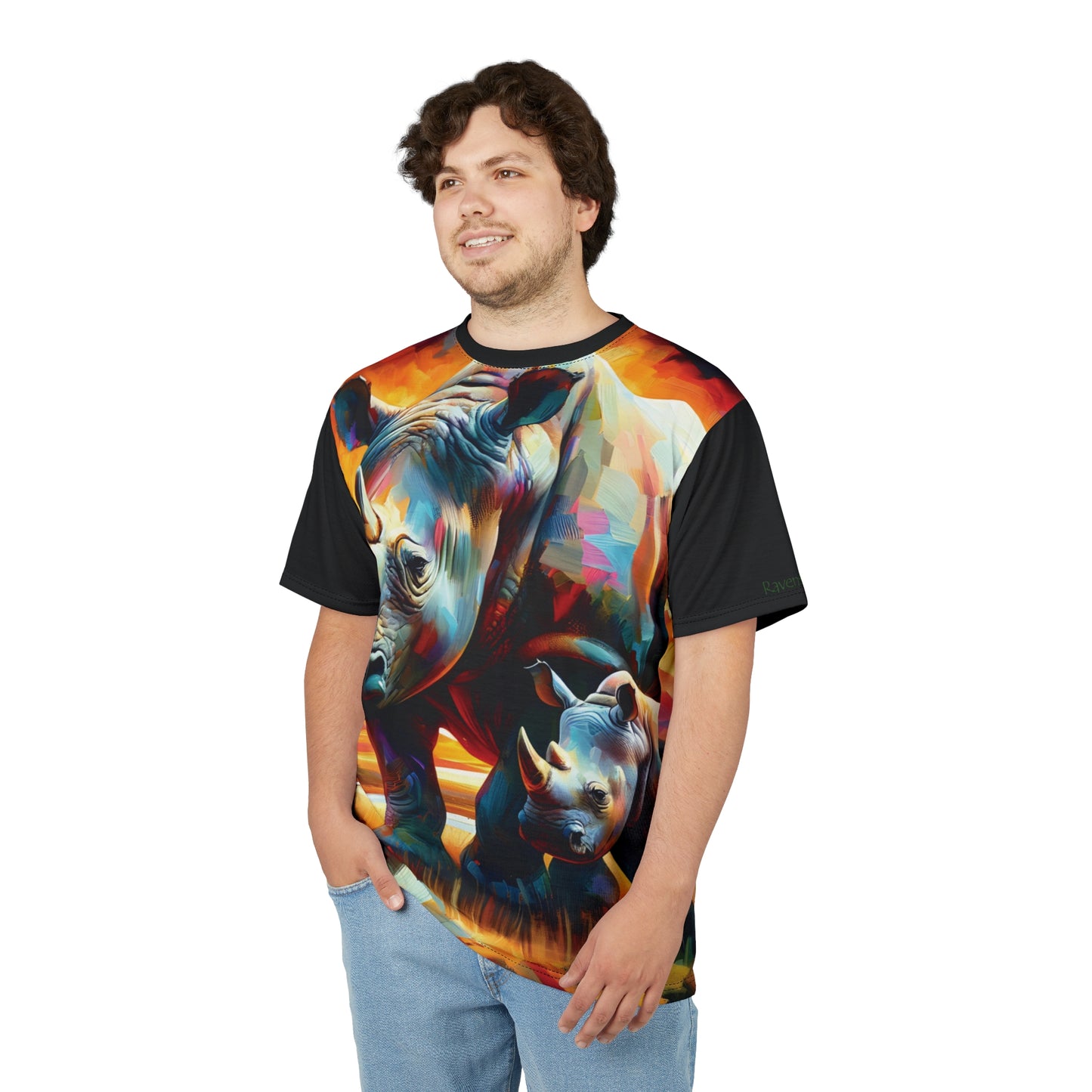 Rhinos at Sunset Art Tee | Colorful Unisex Cut & Sew T-Shirt, Wildlife Apparel, Unique Graphic Tee, Birthday Gift