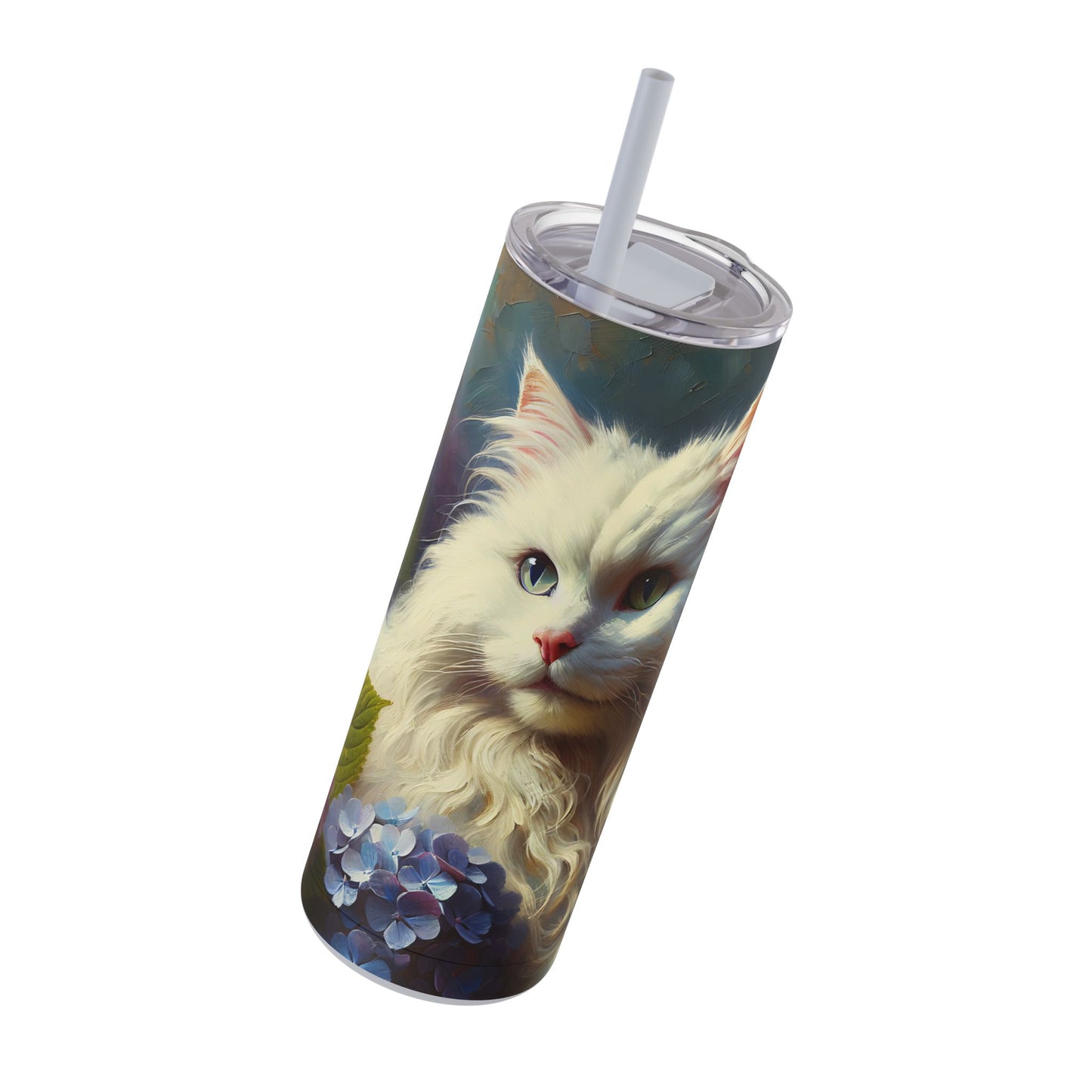 Travel Mug - The Artist's White Cat with Hydrangeas - Impressionist Art Style