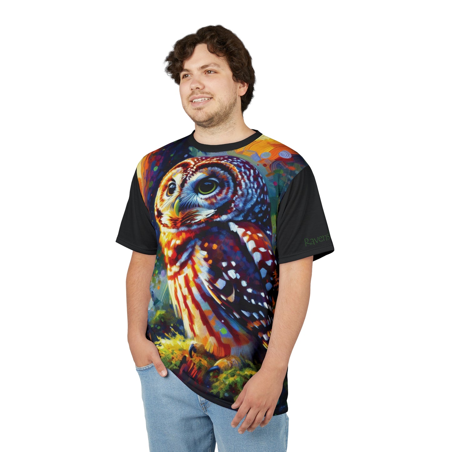 Barred Owl at Sunset Vibrant Art Tee | Colorful Unisex Cut & Sew T-Shirt, Wildlife Apparel, Unique Graphic Tee, Birthday Gift
