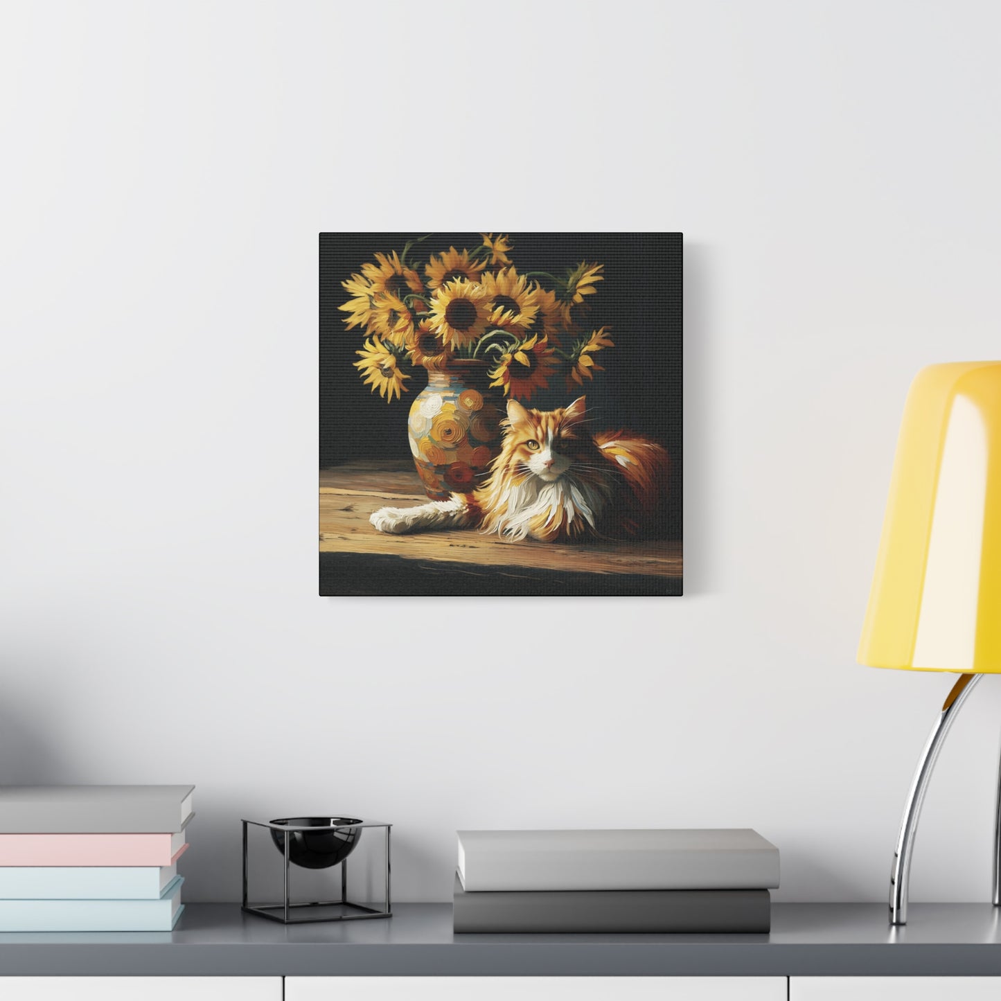 Canvas Wall Art - Orange and White Cat with Sunflowers Old Master Style Art