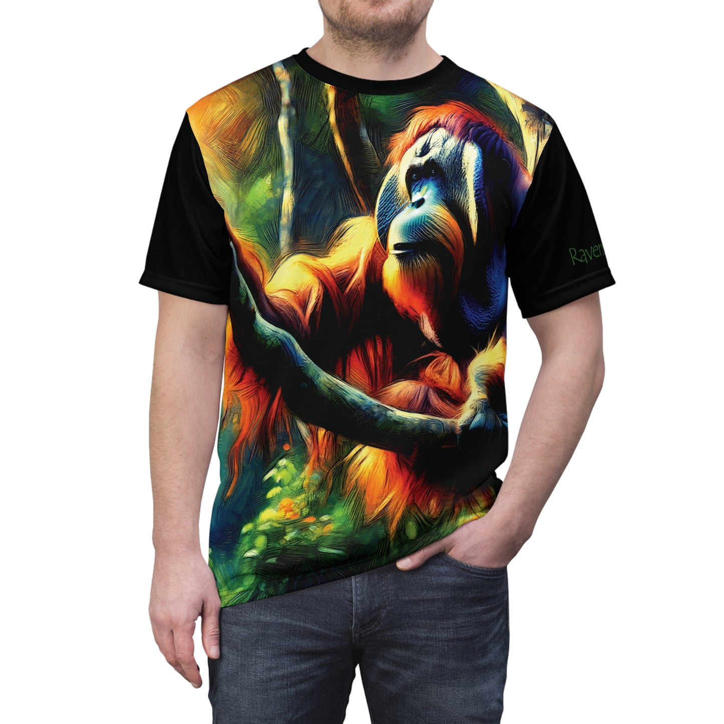 Orangutan in Tree Vibrant Art Tee | Colorful Unisex Cut & Sew T-Shirt, Wildlife Apparel, Unique Graphic Tee, Birthday Gift