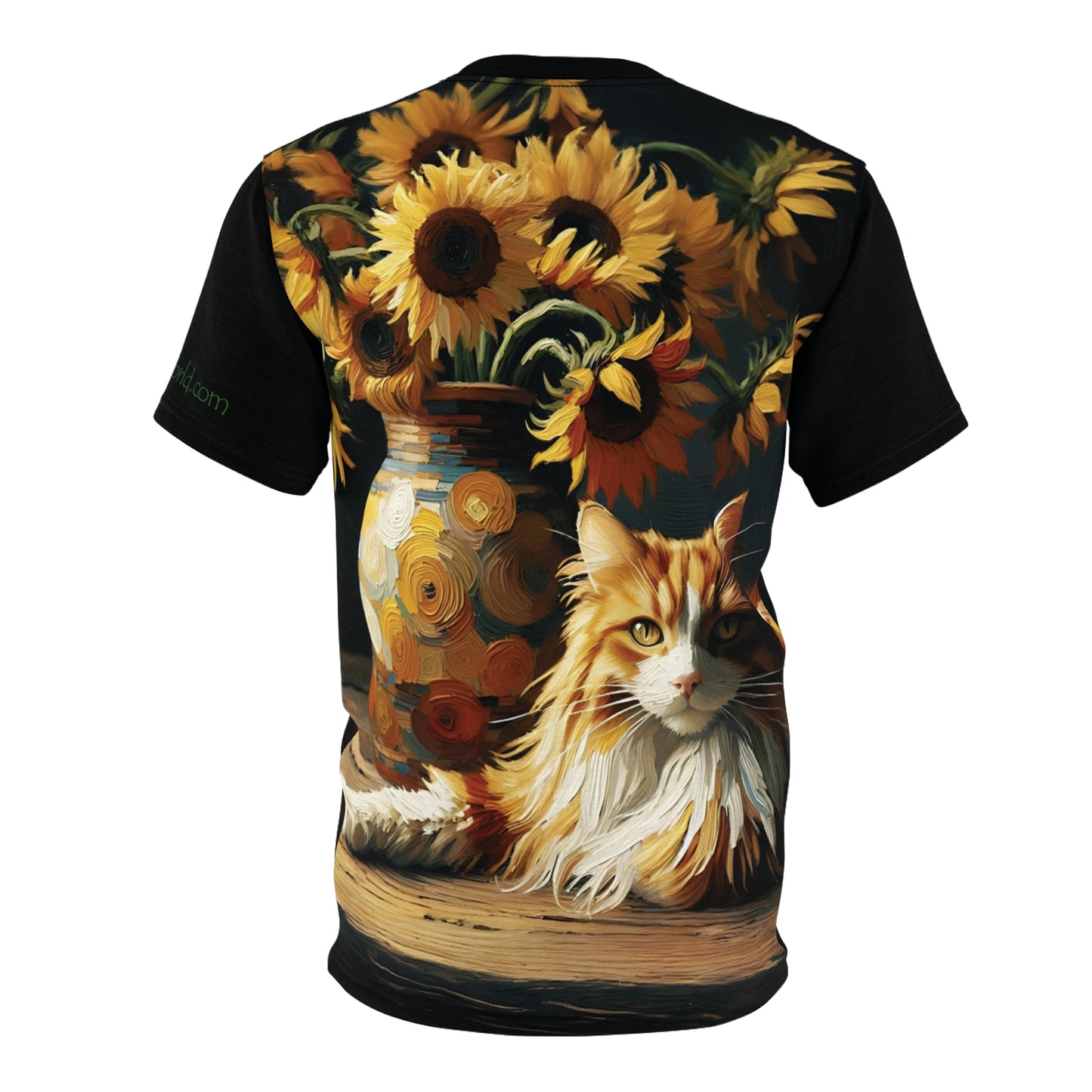 Orange and White Cat with Sunflowers Vibrant Art Tee | Colorful Unisex Cut & Sew T-Shirt, Cat Lover Apparel, Unique Graphic Tee, Birthday Gift