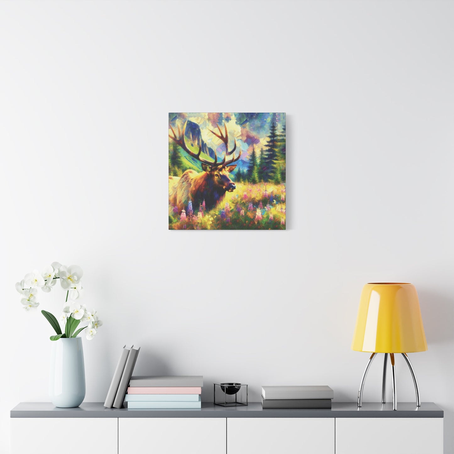 Bull Elk in Mountain Meadow Impressionist Canvas Art Print