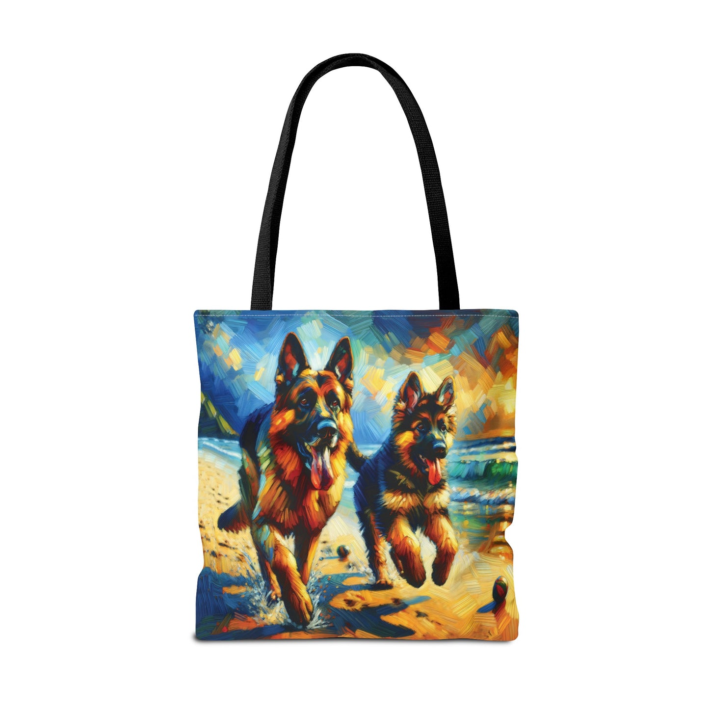 German Shepherd and Pup on Beach - Tote Bag
