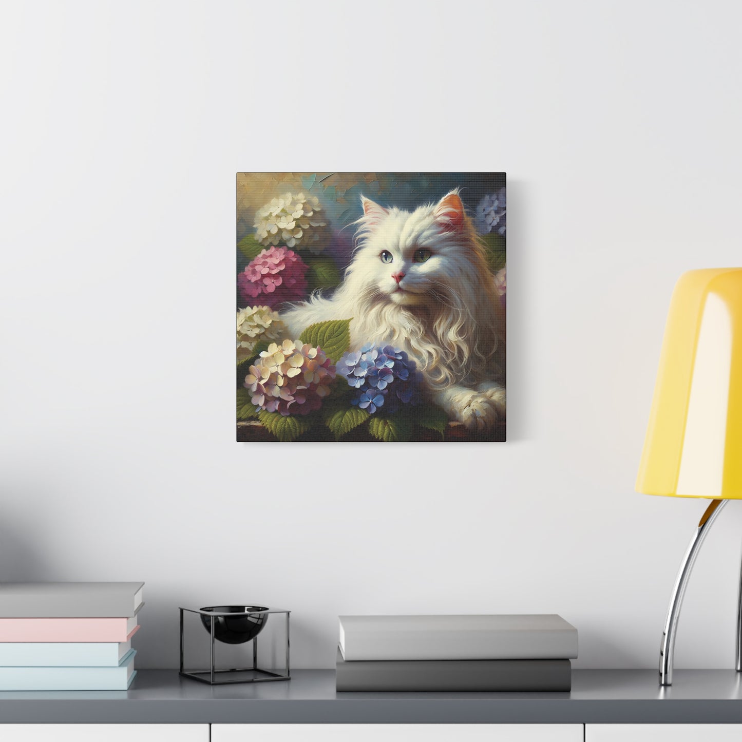 The Artist's White Cat with Hydrangeas, Impressionist Style Canvas Wall Art