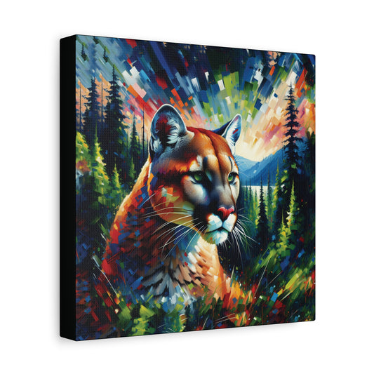 Canvas print of a colorful mountain lion in a forest