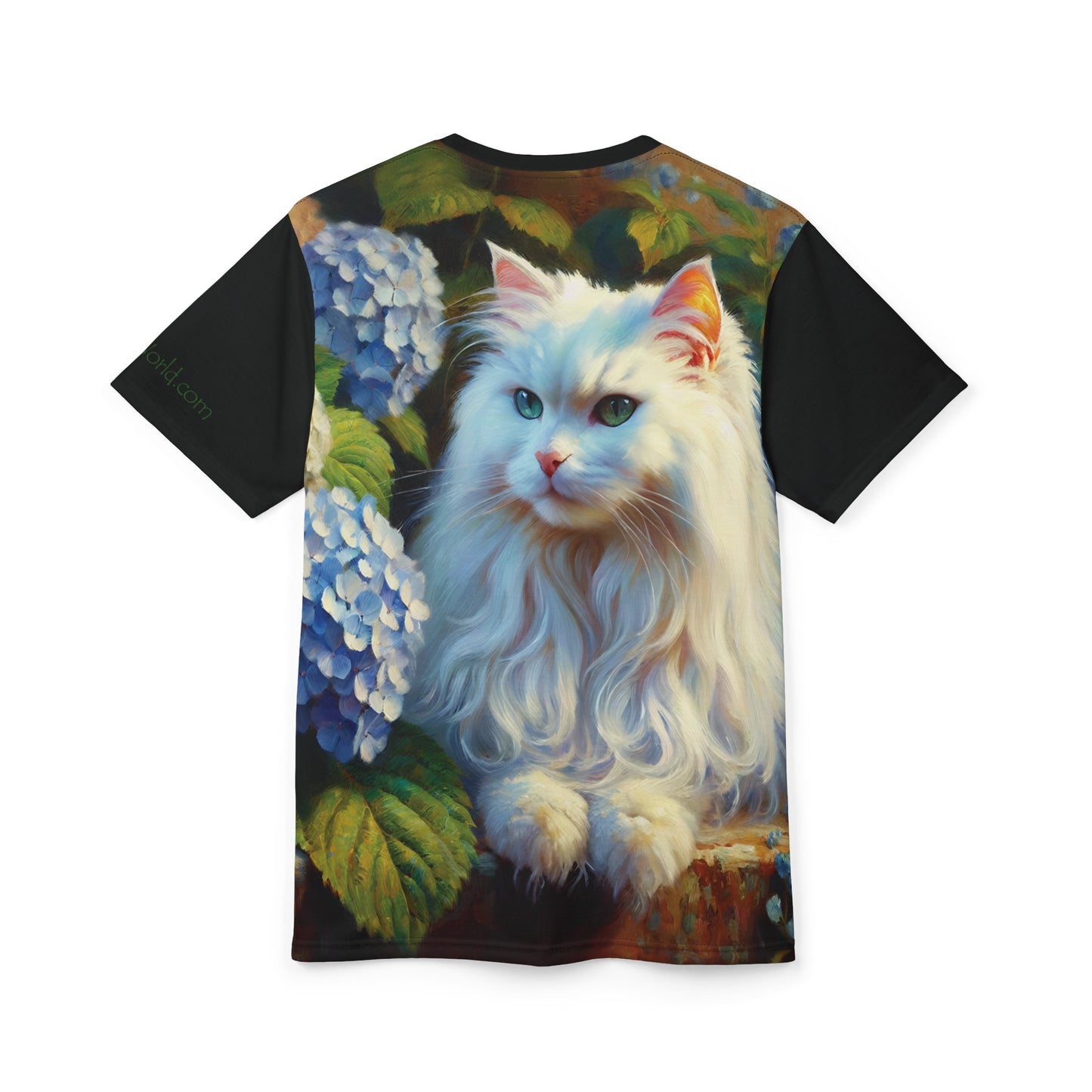 White Cat with Hydrangeas Vibrant Art Tee | Colorful Unisex Cut & Sew T-Shirt, Cat Lover Apparel, Unique Graphic Tee, Birthday Gift