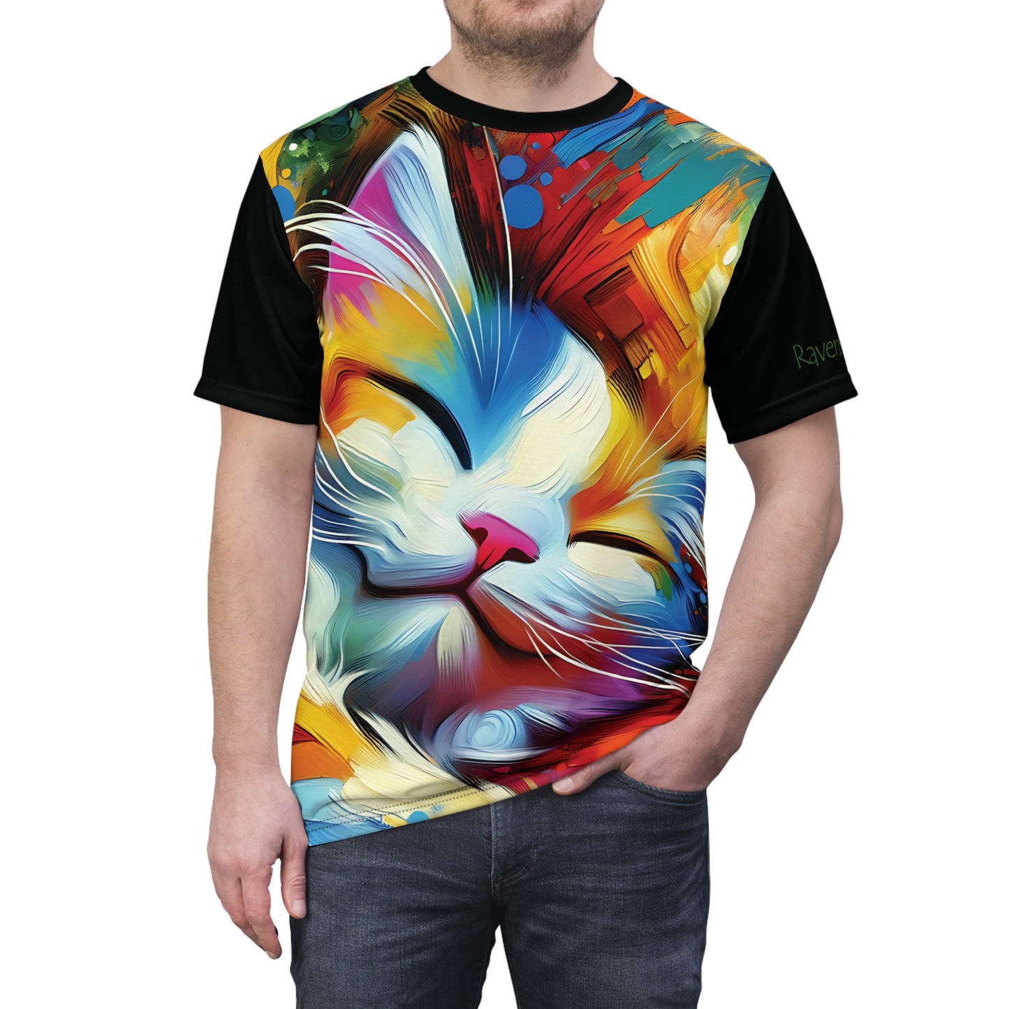 Happy Cat Dreams Vibrant Art Tee | Colorful Unisex Cut & Sew T-Shirt, Wildlife Apparel, Unique Graphic Tee, Birthday Gift
