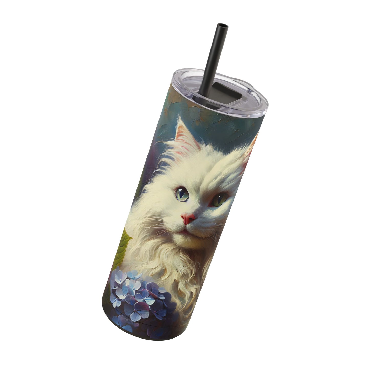 Travel Mug - The Artist's White Cat with Hydrangeas - Impressionist Art Style