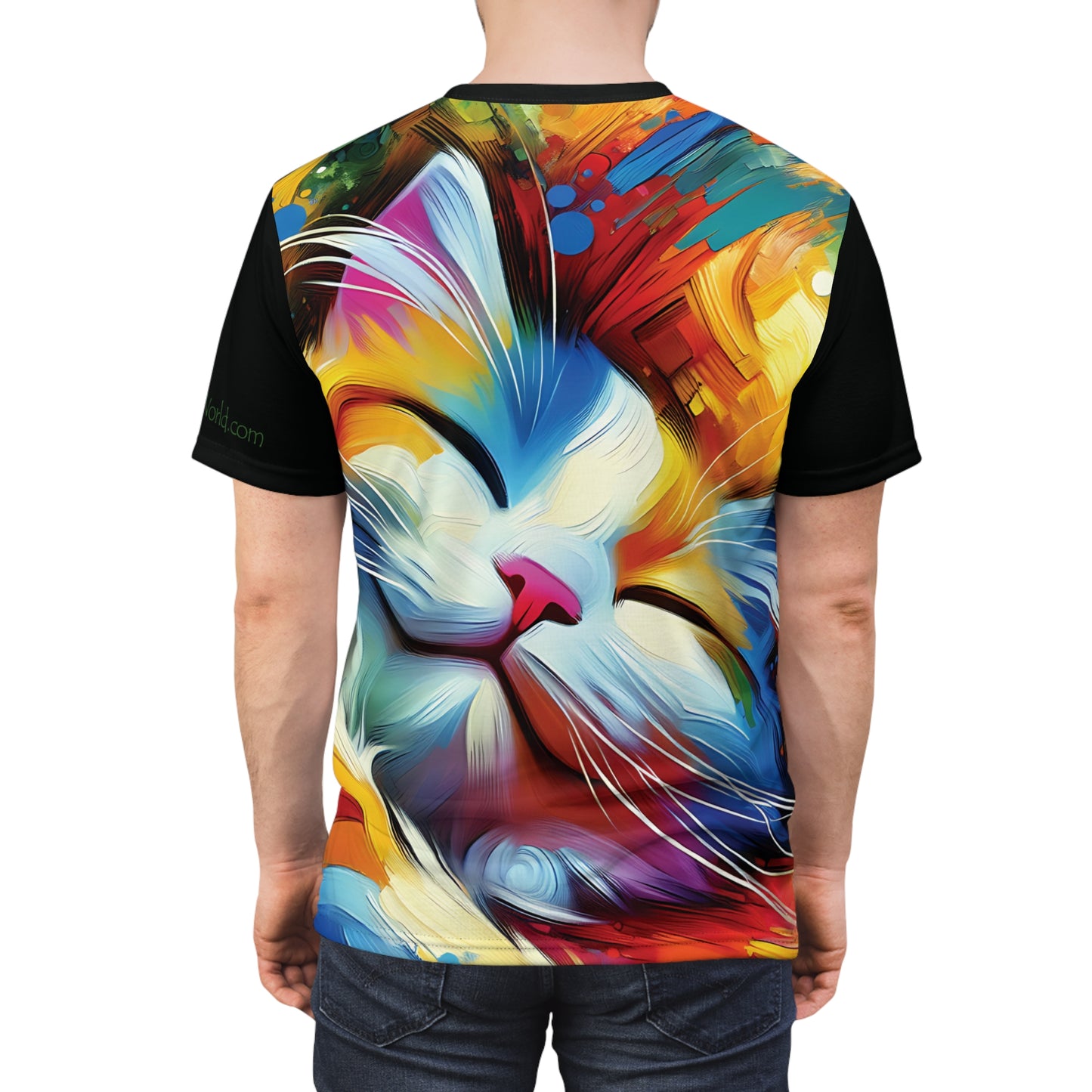Happy Cat Dreams Vibrant Art Tee | Colorful Unisex Cut & Sew T-Shirt, Wildlife Apparel, Unique Graphic Tee, Birthday Gift
