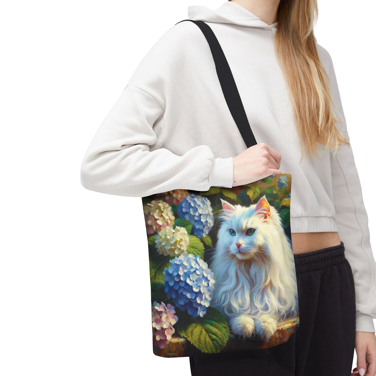 Cat Tote Bag - Impressionist Style Art featuring The Artist's White Cat with Hydrangeas