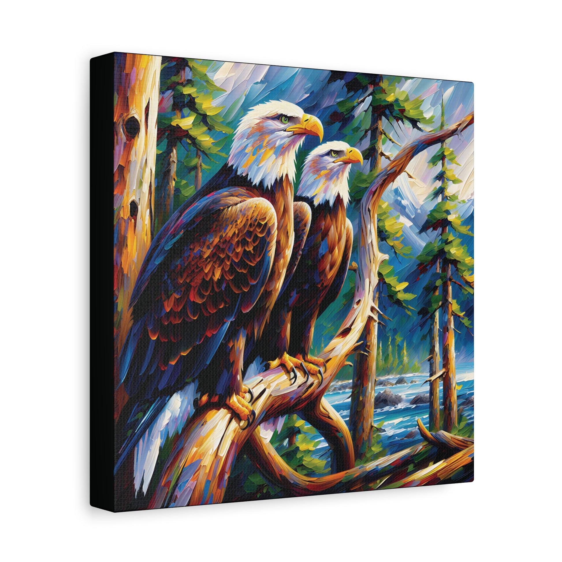 Canvas print of two bald eagles on a branch with a forest and mountain background