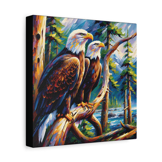 Canvas print of two bald eagles on a branch with a forest and mountain background