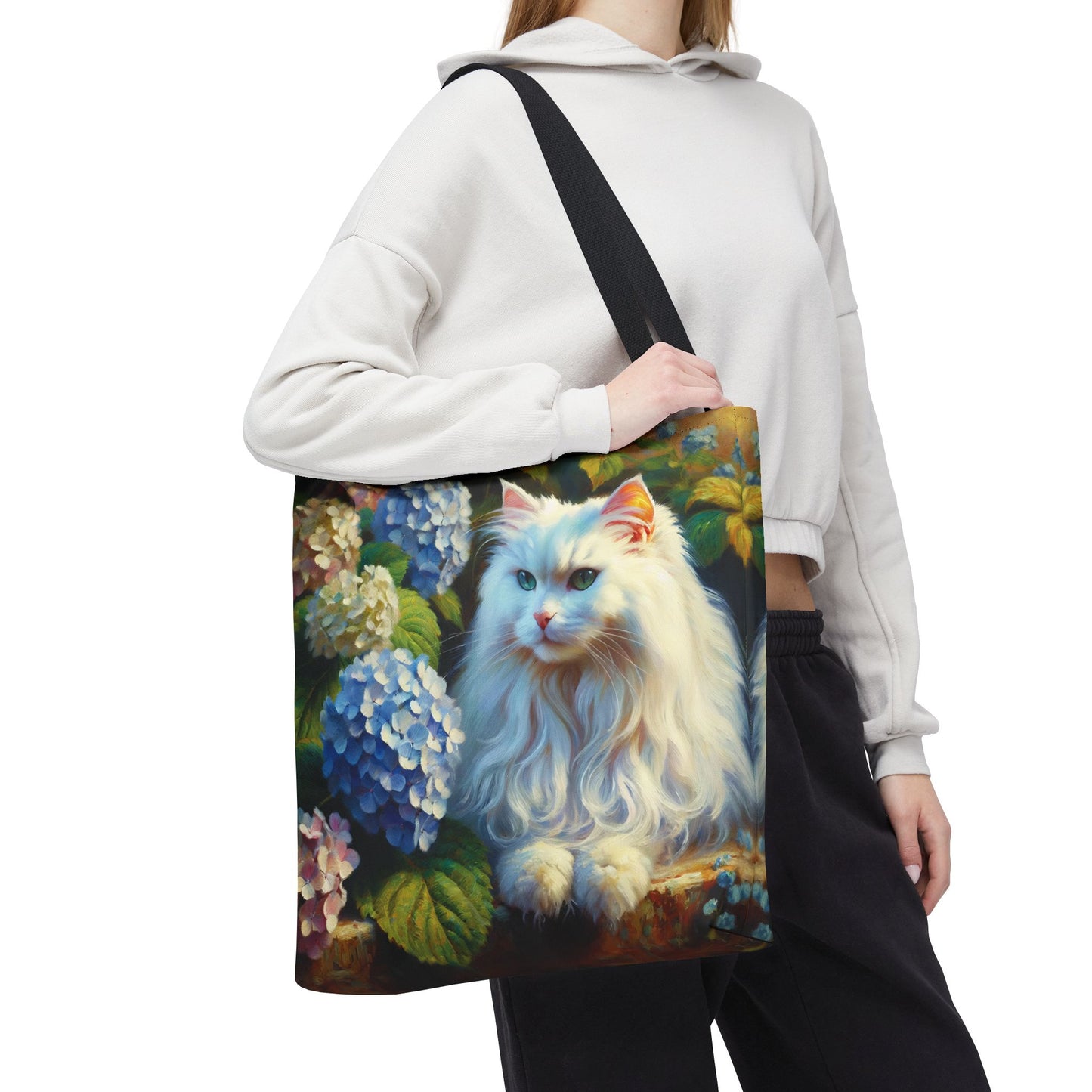 Cat Tote Bag - Impressionist Style Art featuring The Artist's White Cat with Hydrangeas