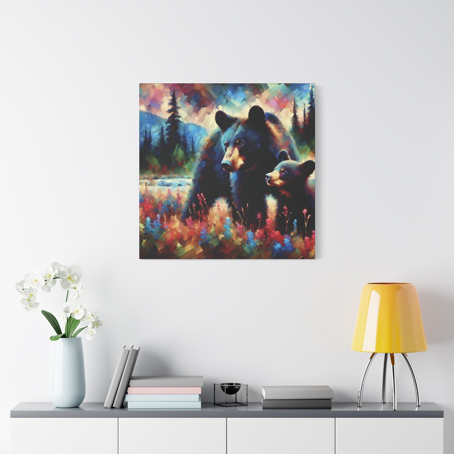 Canvas Wall Art - Black Bear with Cub in Forest Clearing - Contemporary Impressionist Art Print