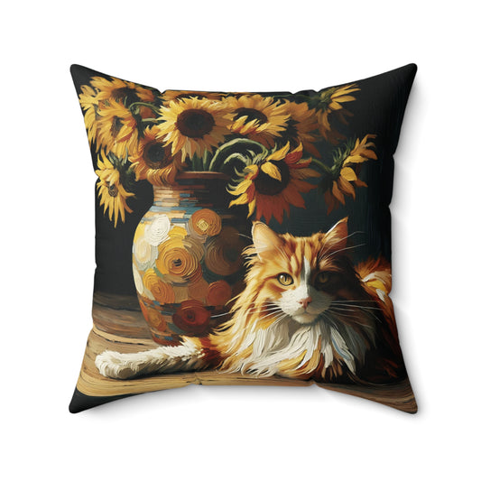 Throw Pillow - Orange and White Cat with Sunflowers Cozy Decorative Cushion - Cozy Faux Suede Cover