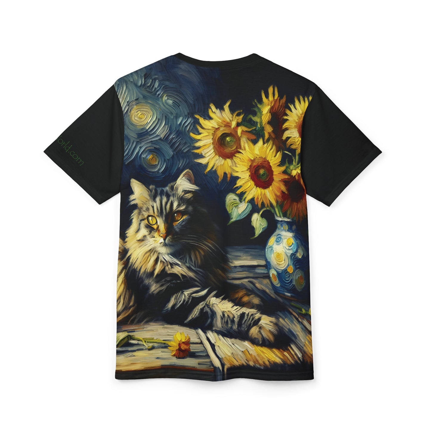 Grey Tabby Cat with Sunflowers Vibrant Art Tee | Colorful Unisex Cut & Sew T-Shirt, Cat Lover Apparel, Unique Graphic Tee, Birthday Gift