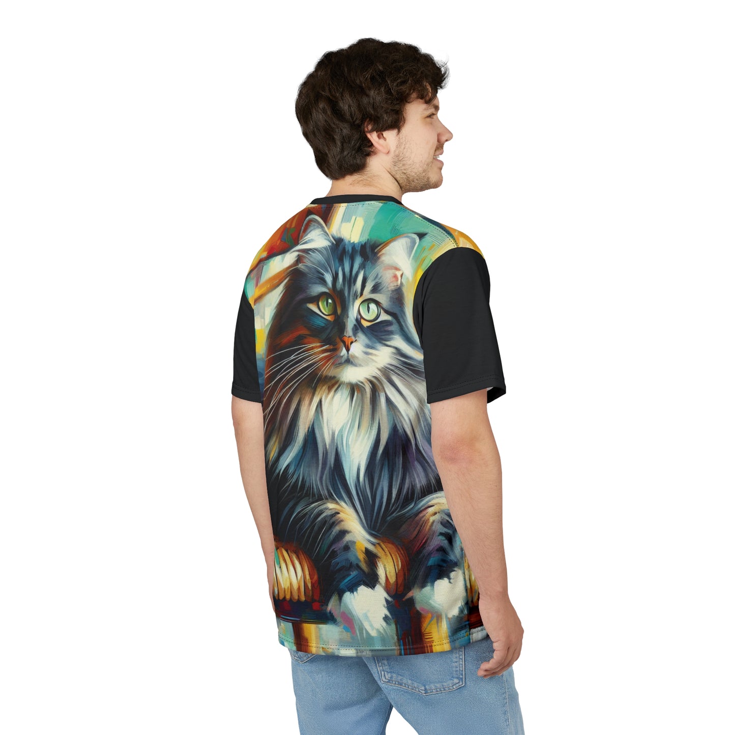 Longhaired Cat on Wooden Chair Vibrant Art Tee | Colorful Unisex Cut & Sew T-Shirt, Wildlife Apparel, Unique Graphic Tee, Birthday Gift
