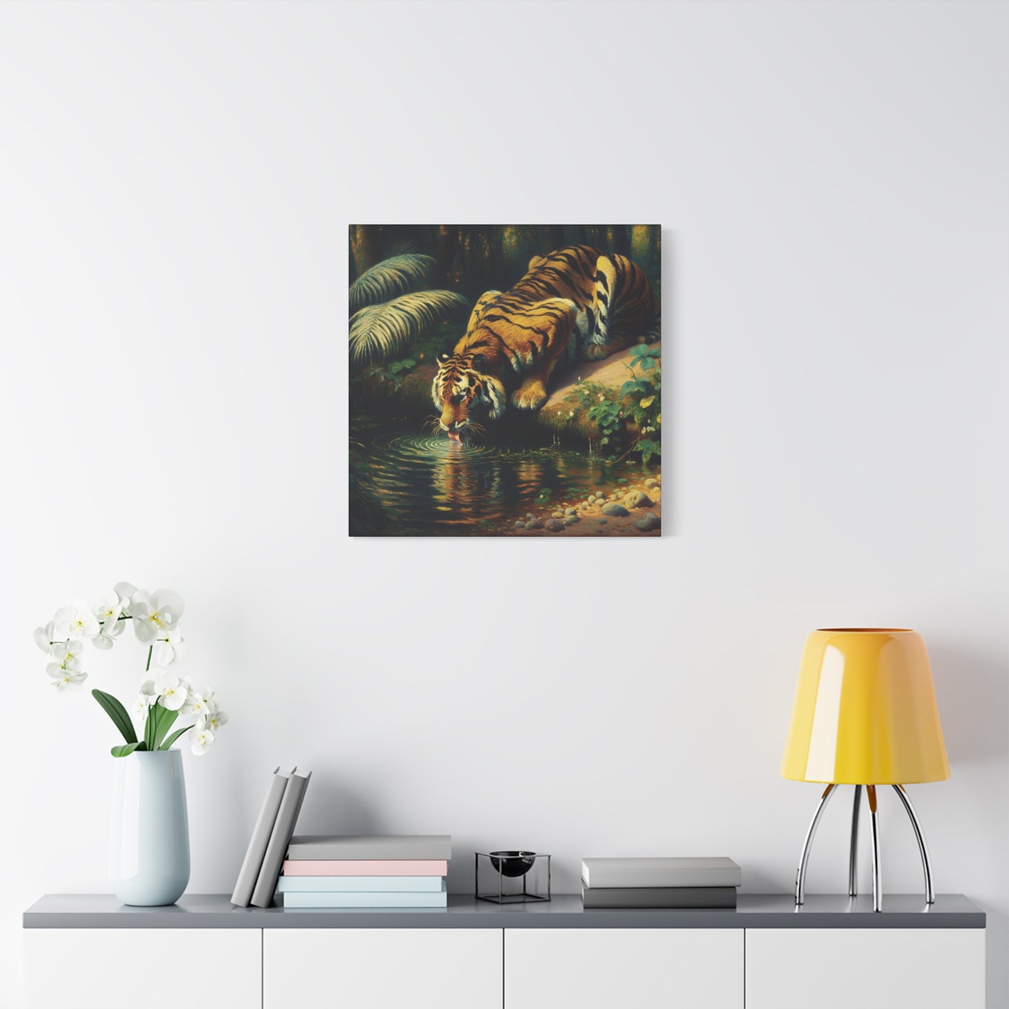 Tiger Drinking Impressionist Canvas Art Print