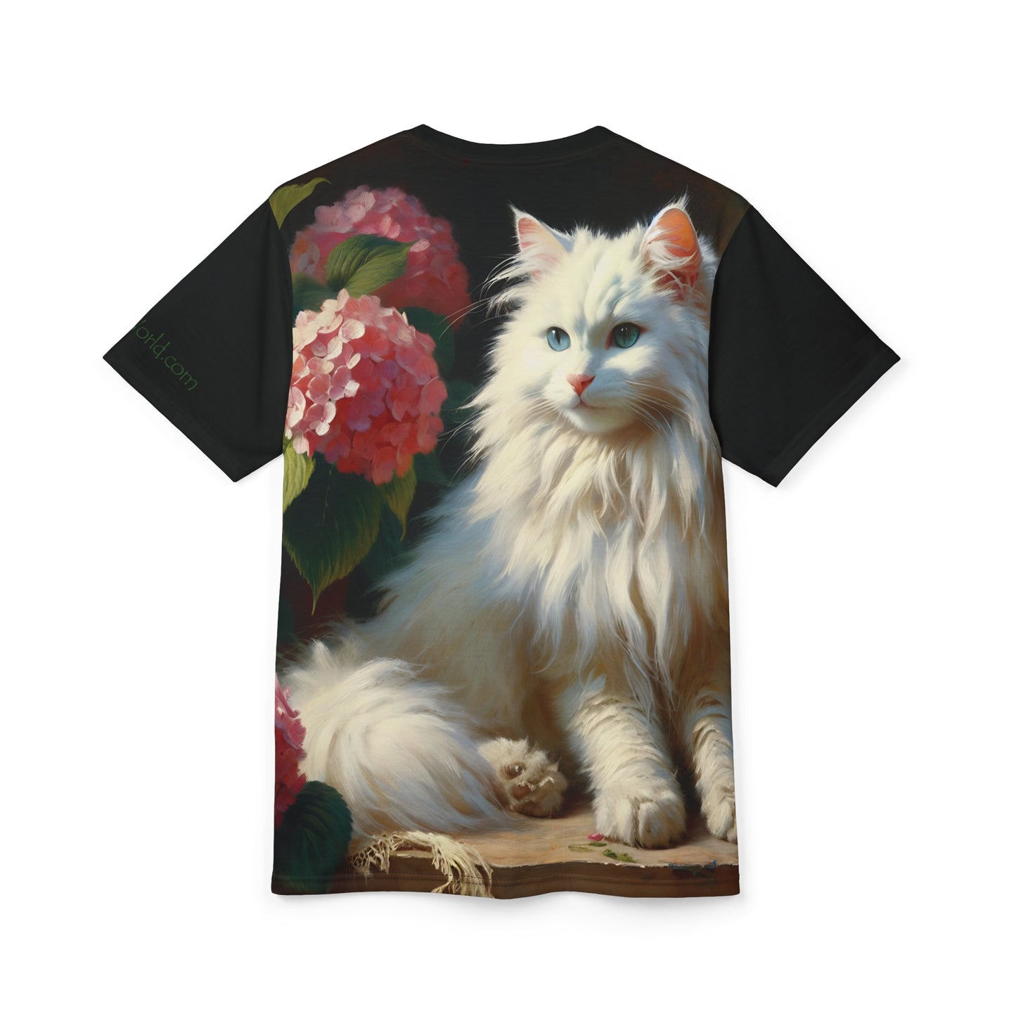 Blue-Eyed White Cat with Pink Hydrangeas Vibrant Art Tee | Colorful Unisex Cut & Sew T-Shirt, Wildlife Apparel, Unique Graphic Tee, Birthday Gift
