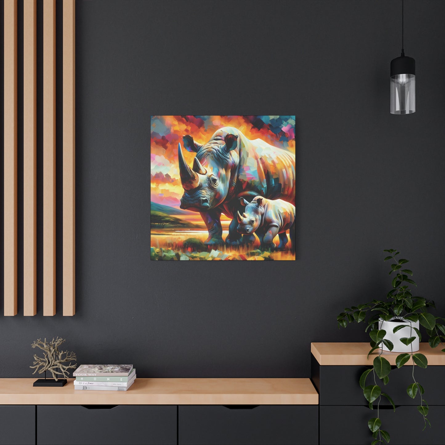 Rhinos at Sunset Expressionist Canvas Art Print